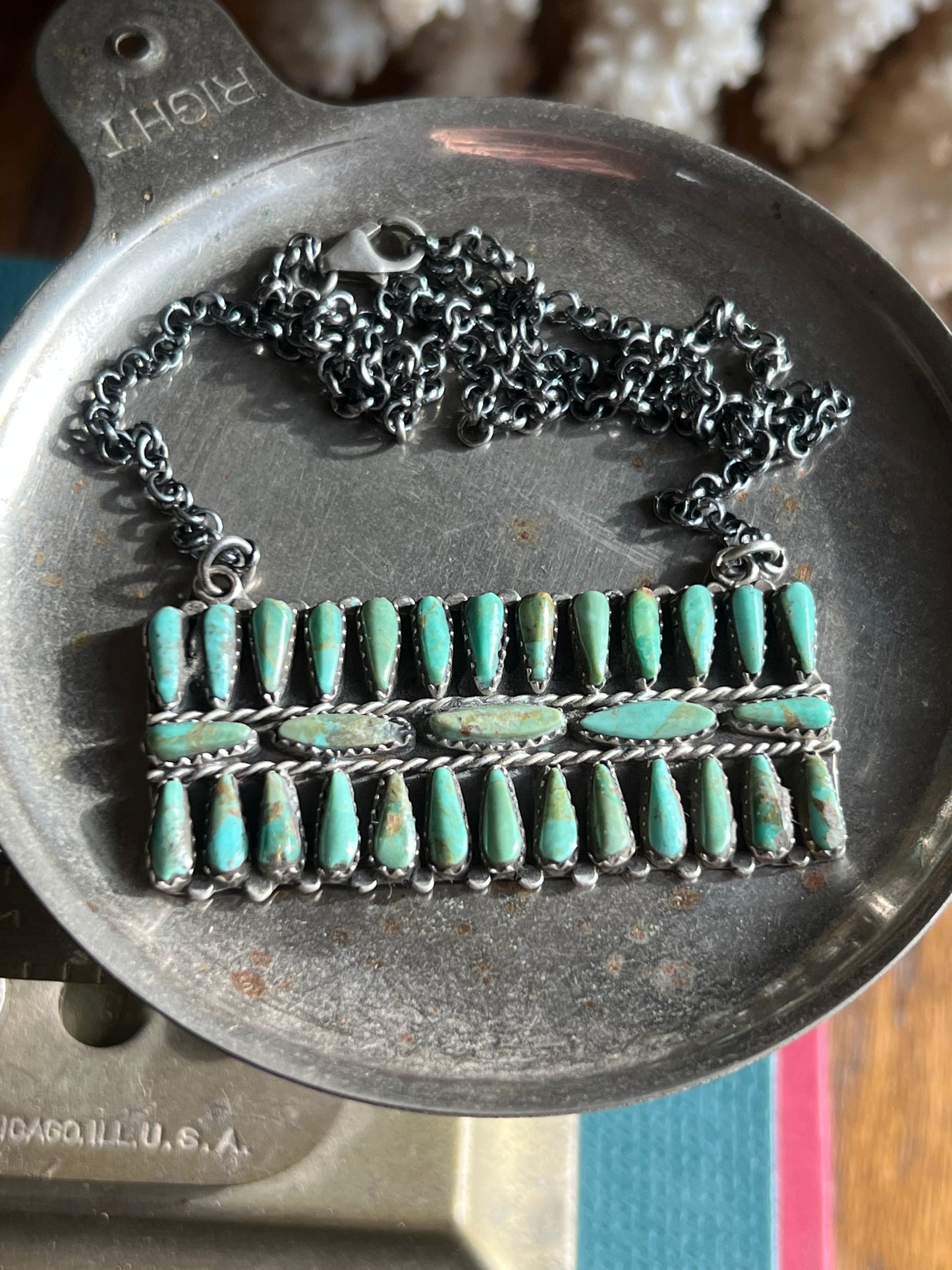 Leander Nez Green/Turquoise Zuni Sterling Silver Bar Necklace