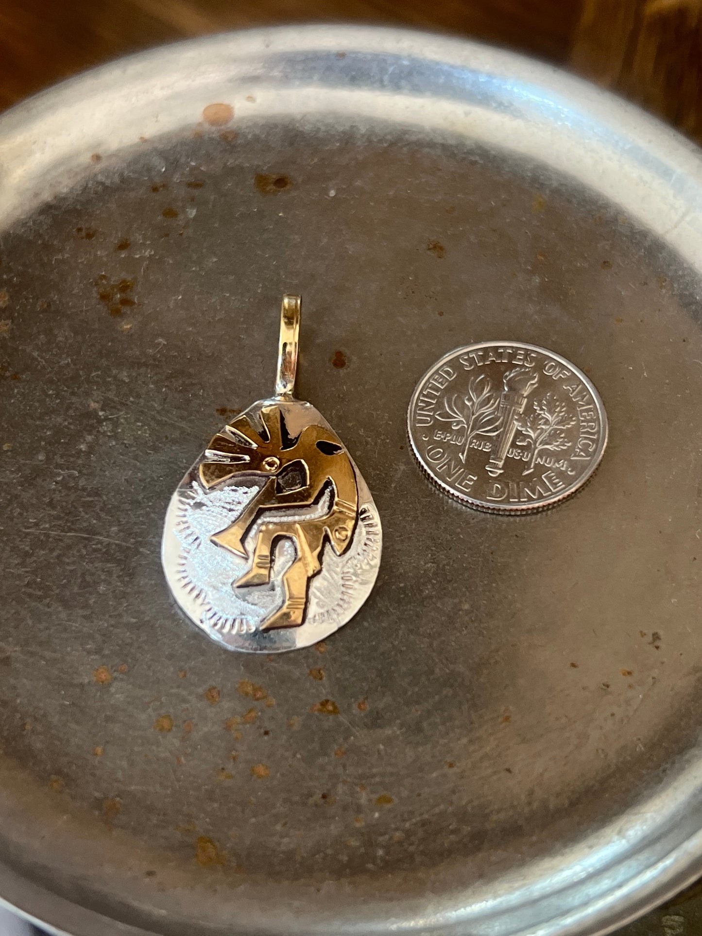 Signed “GJ” Sterling Silver & Gold Kokopelli Pendant