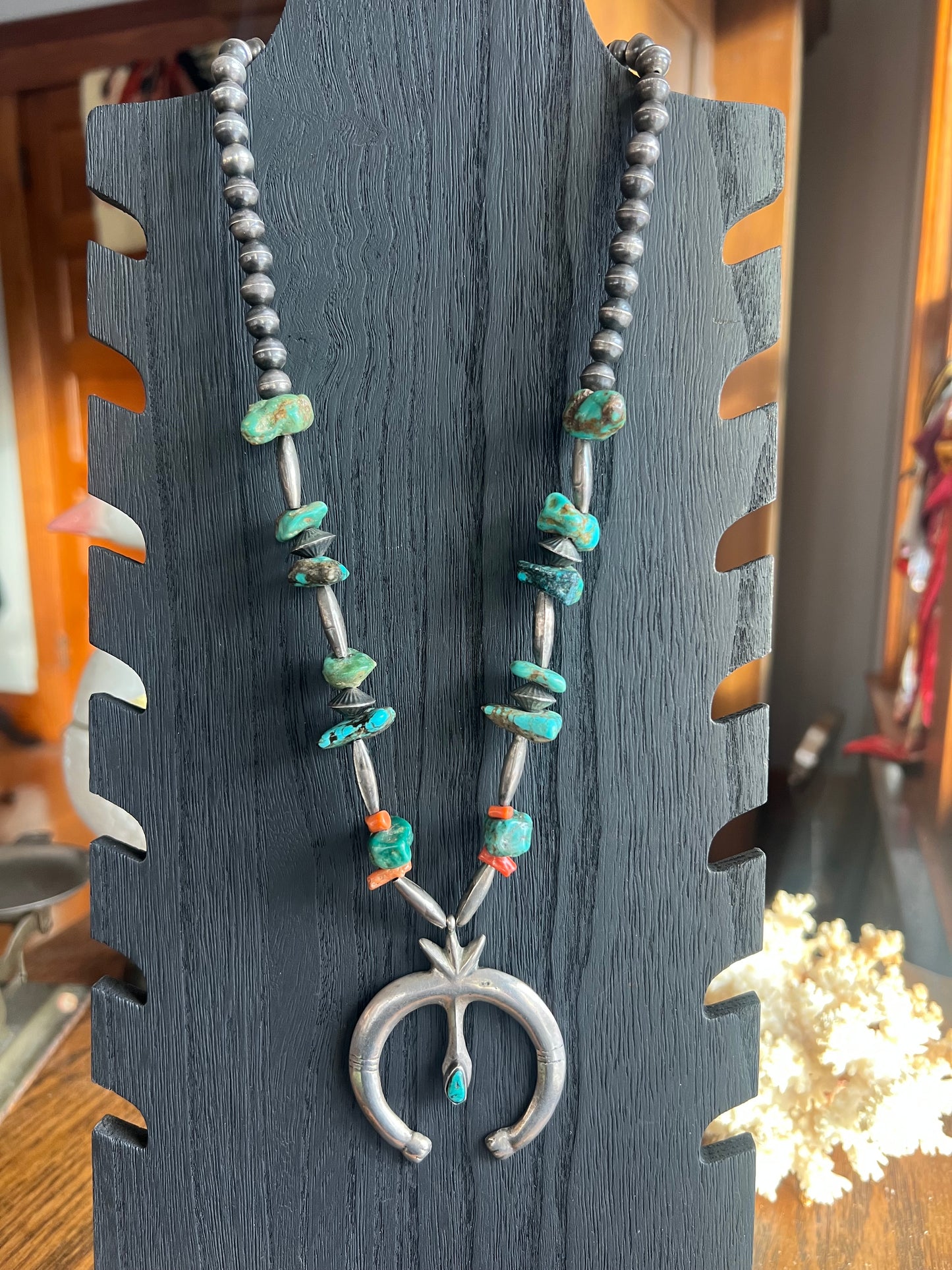 Vintage Navajo Pearl & Raw Chunky Stone Squash Blossom Necklace