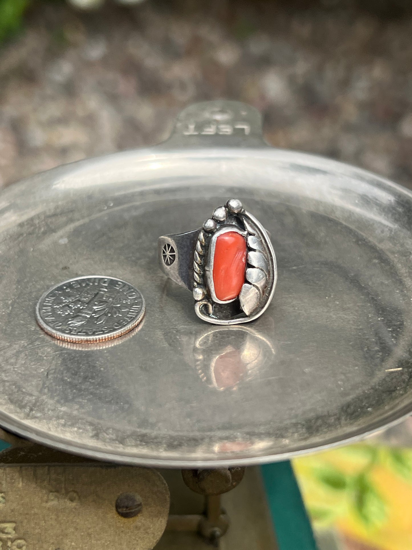 Signed Orange Coral Stone with Feather Ring