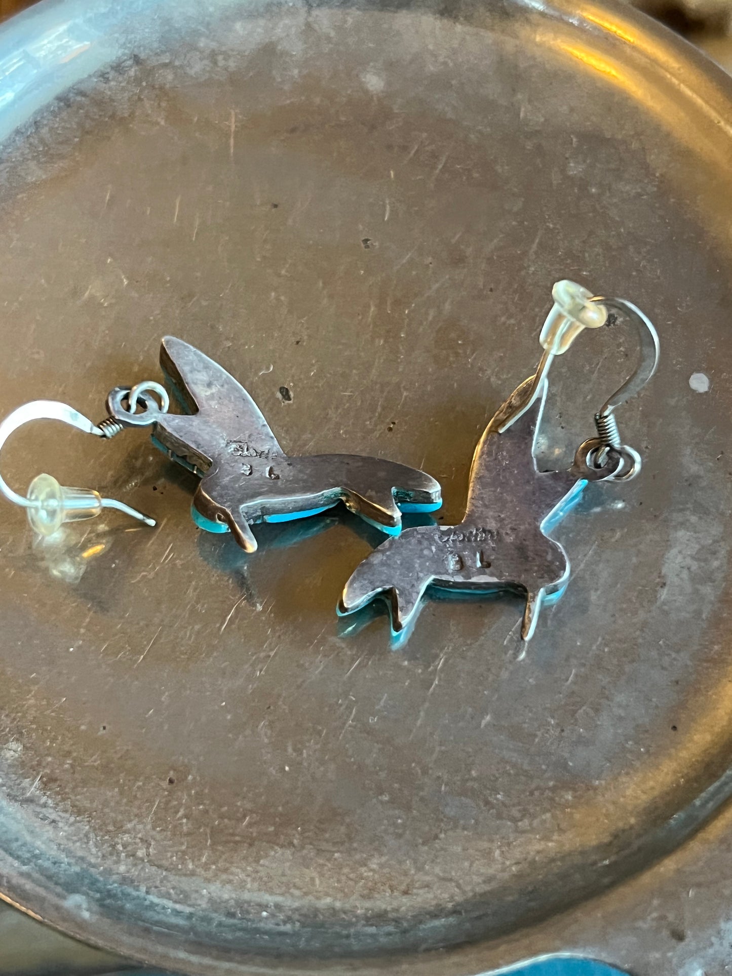 Vintage “DL” Turquoise Zuni Inlay Hummingbird Drop Earrings