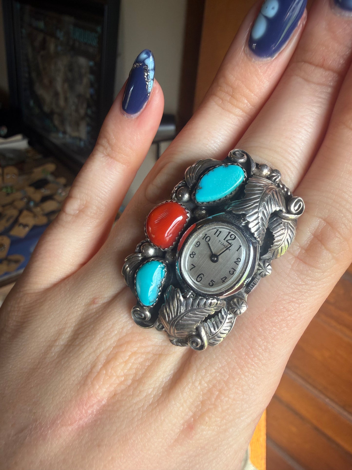 Rob Kelly Turquoise and Coral Stone Clock Ring