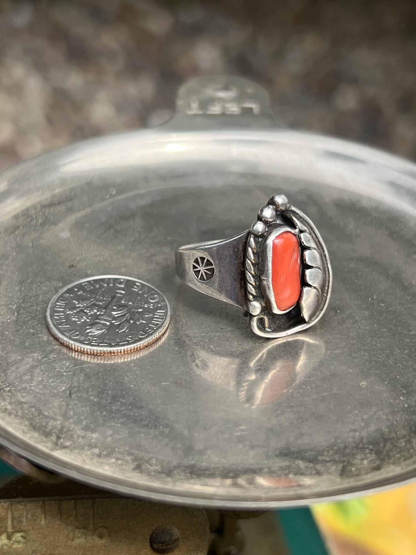 Signed Orange Coral Stone with Feather Ring