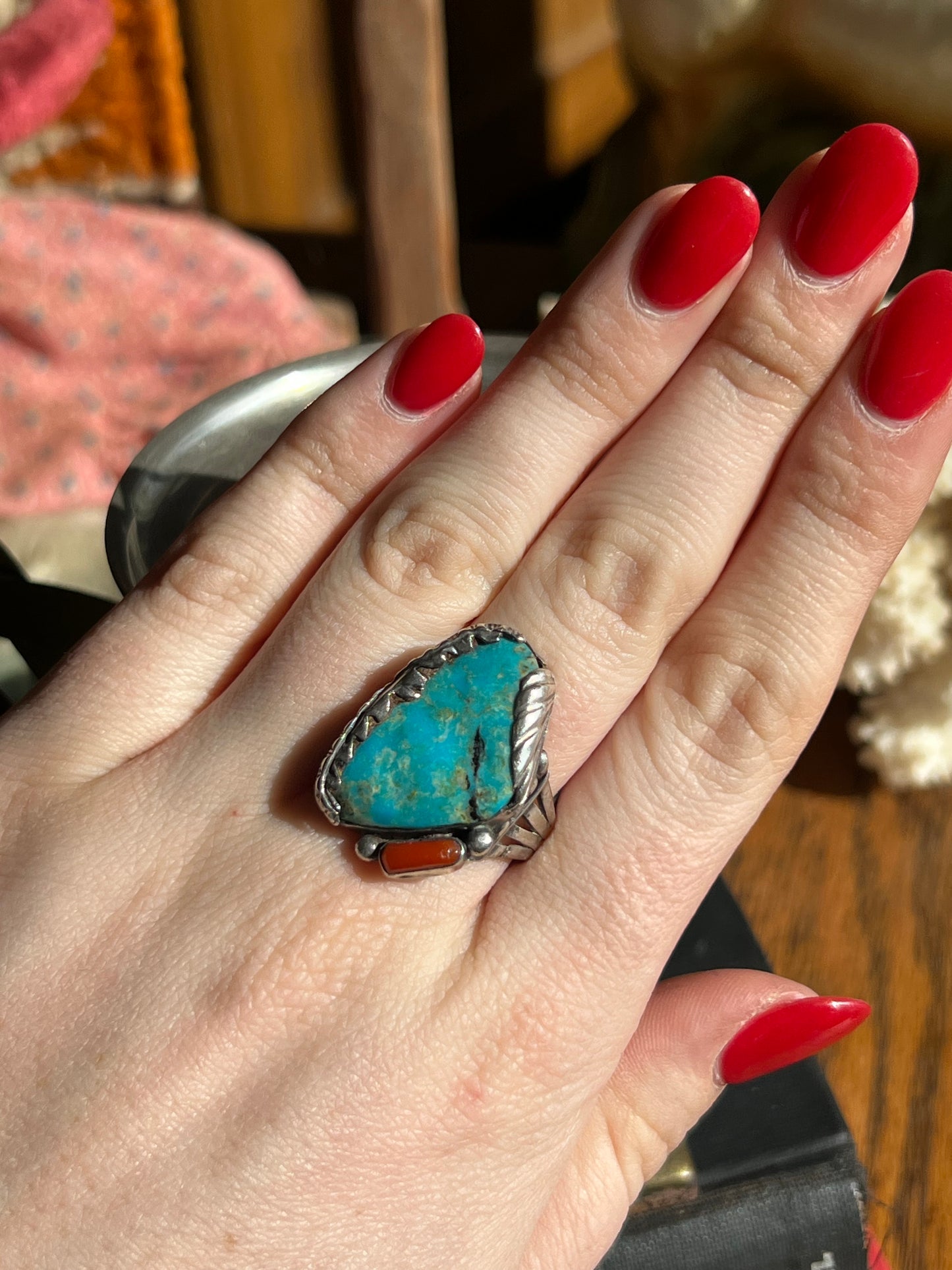 Turquoise & Coral Double Stone Ring