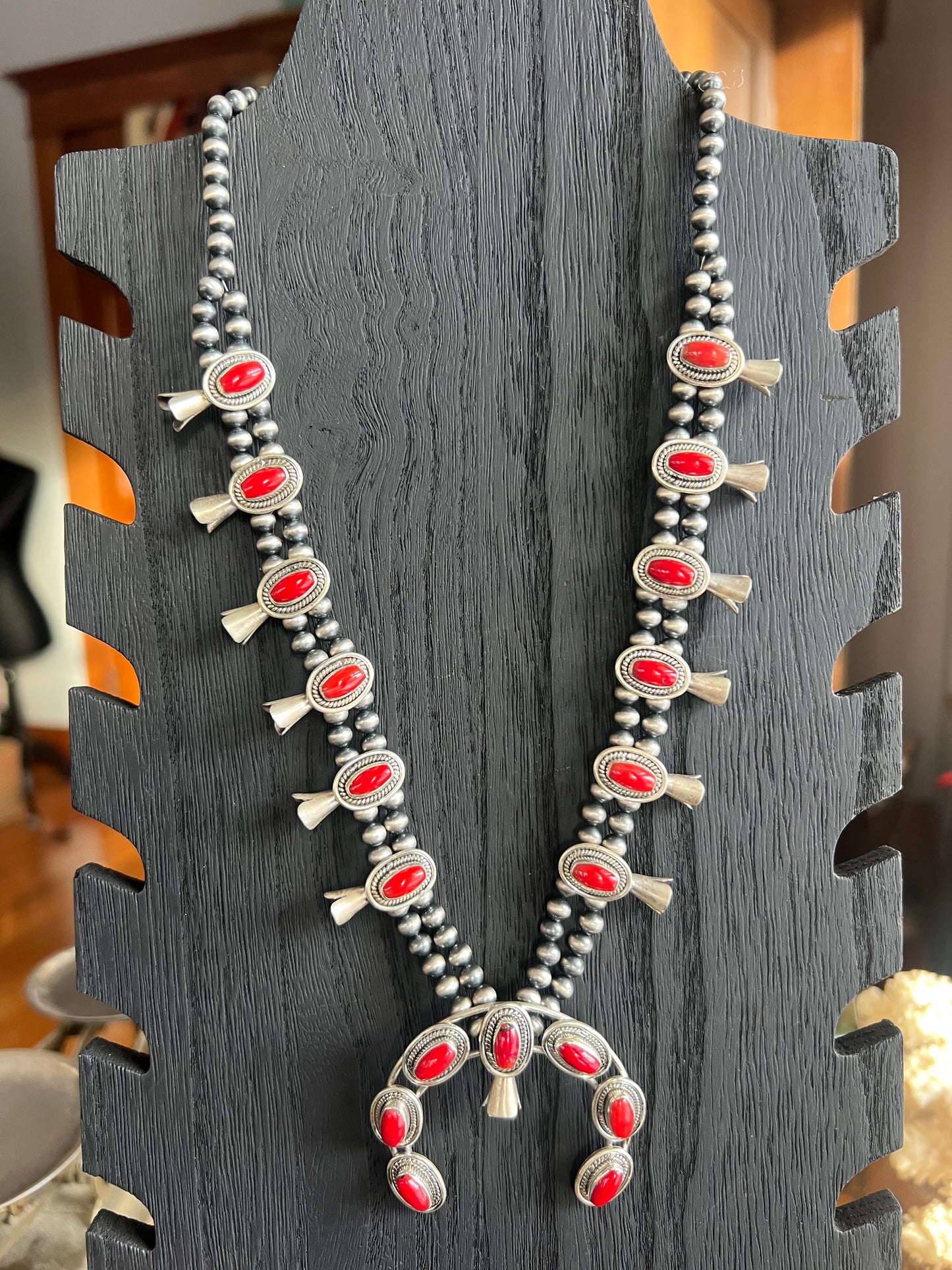 Coral & Sterling Silver Squash Blossom Necklace