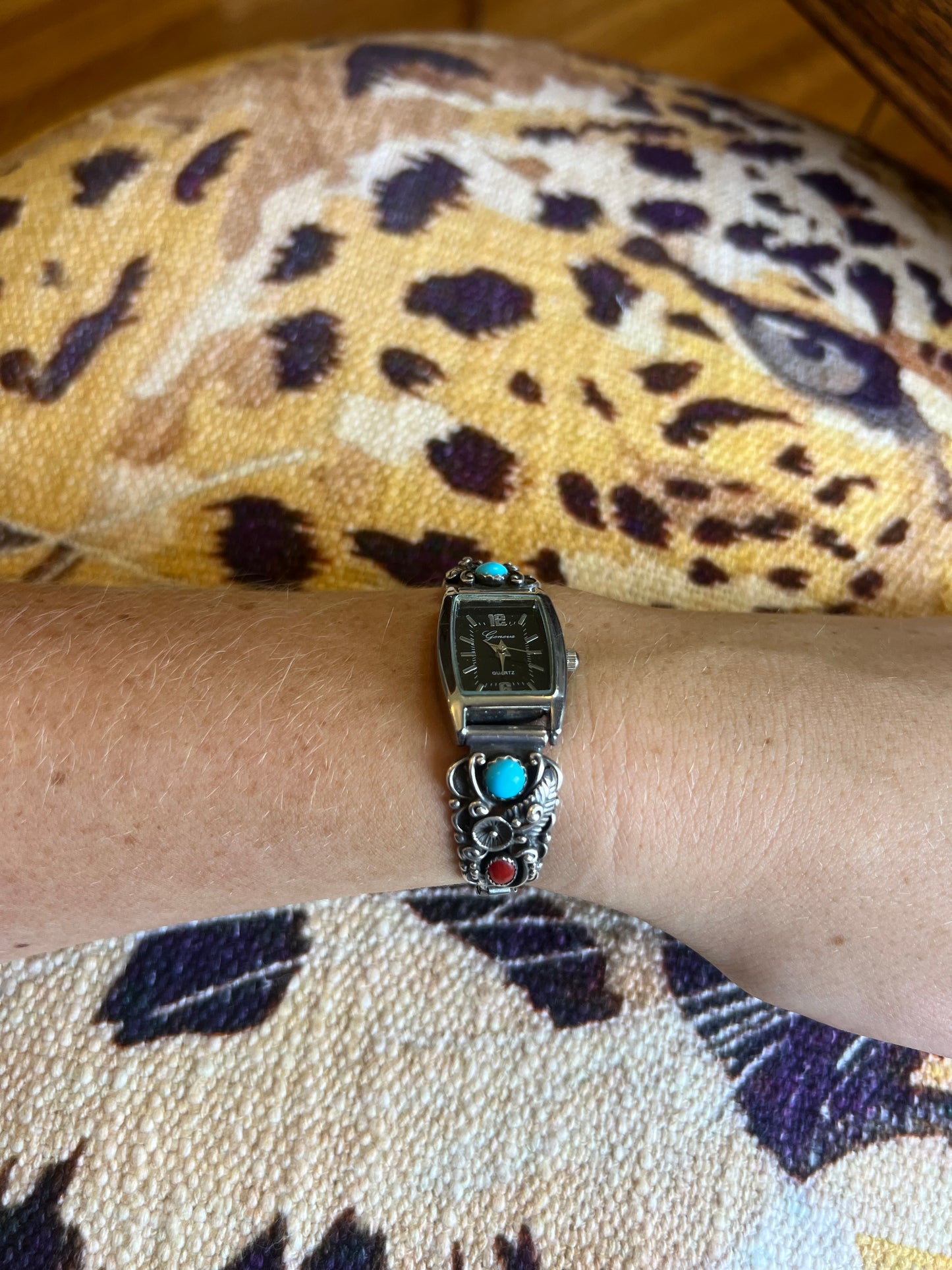 Vintage Sterling Silver Geneva Watch with Turquoise & Coral Stones