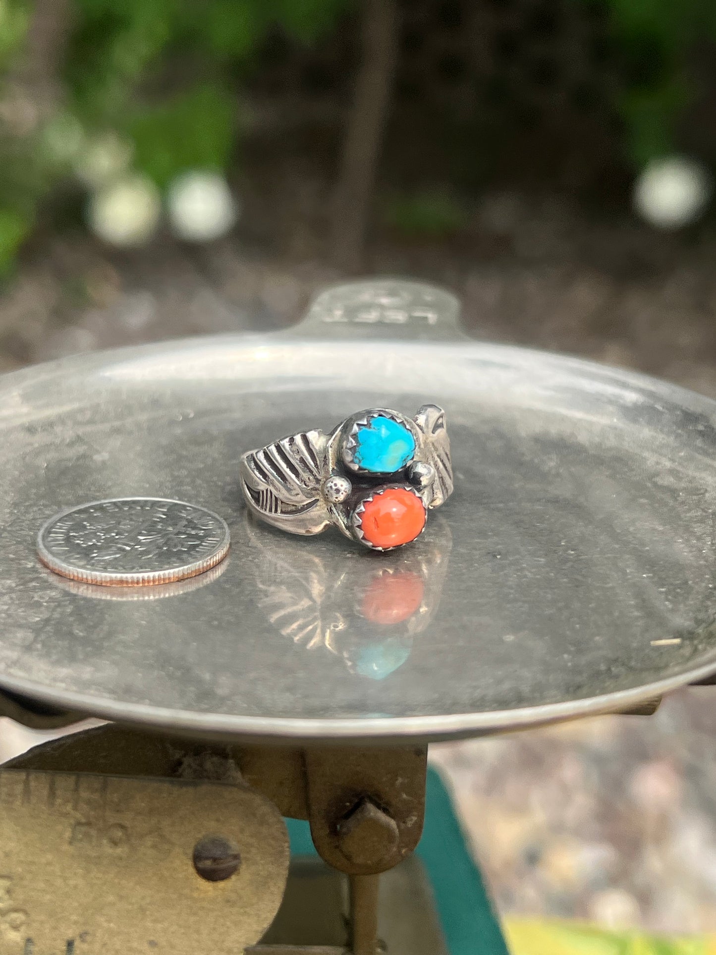 Cripple Creek Turquoise & Orange Coral 2-Stone Ring