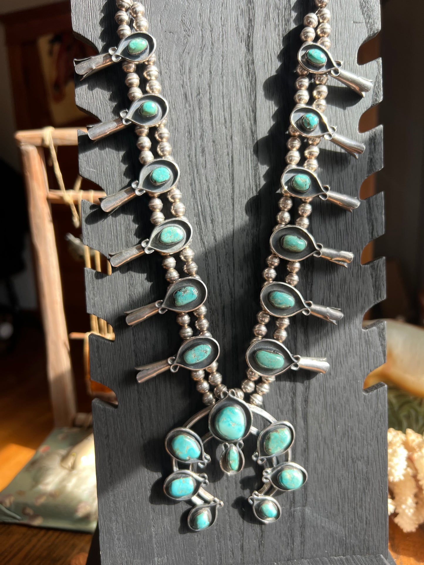 Broken Arrow Turquoise 20-Stone Double Strand Squash Blossom