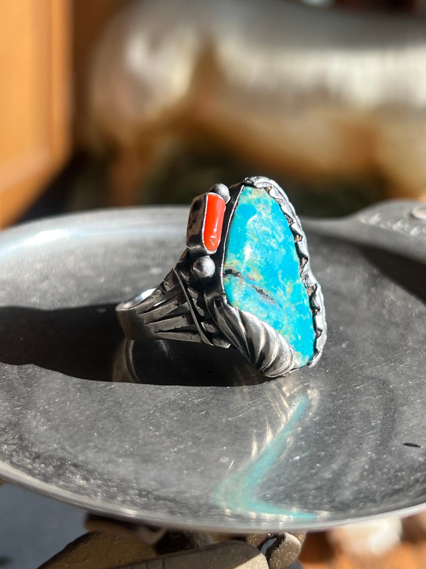 Turquoise & Coral Double Stone Ring