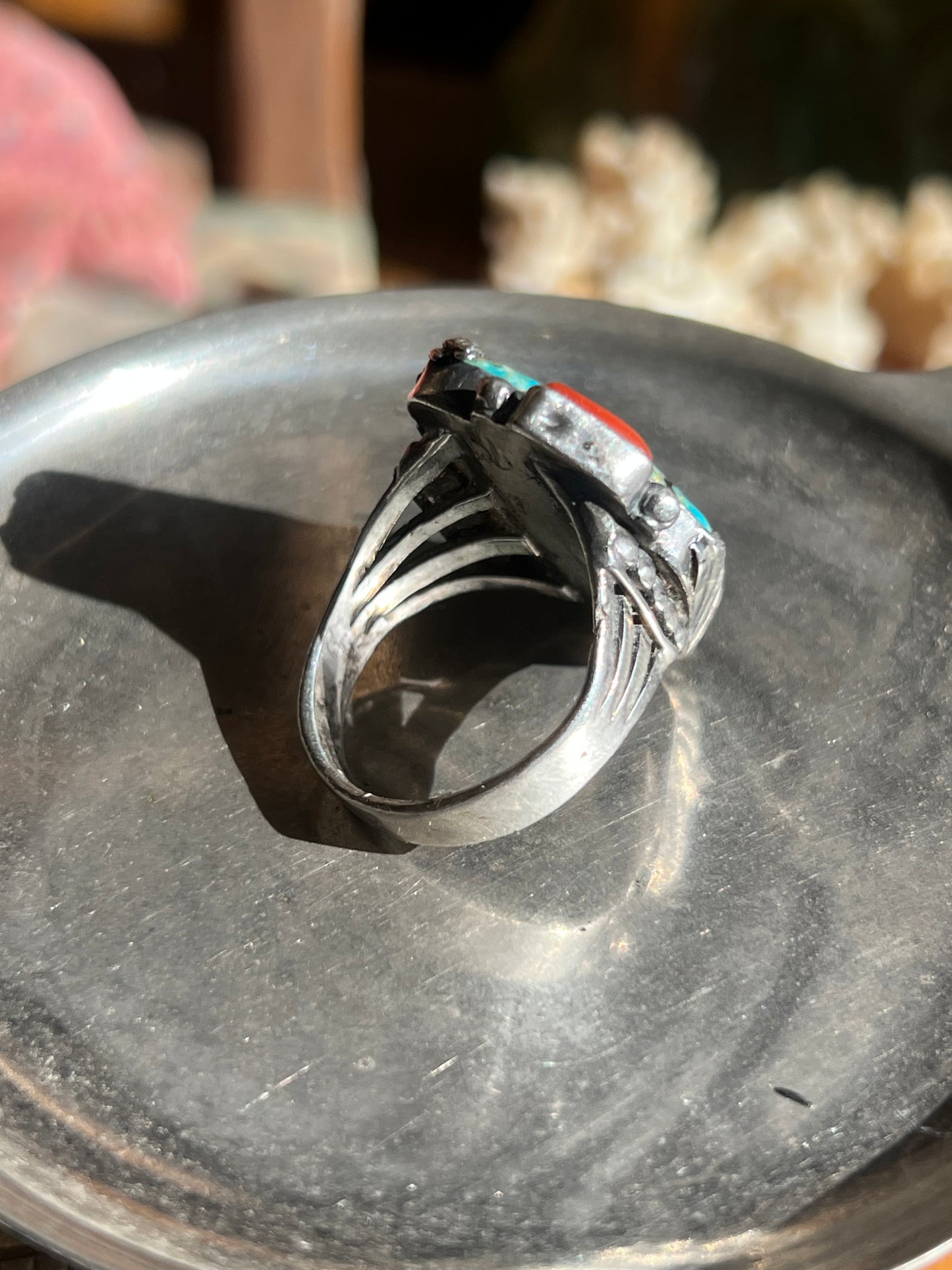 Turquoise & Coral Double Stone Ring