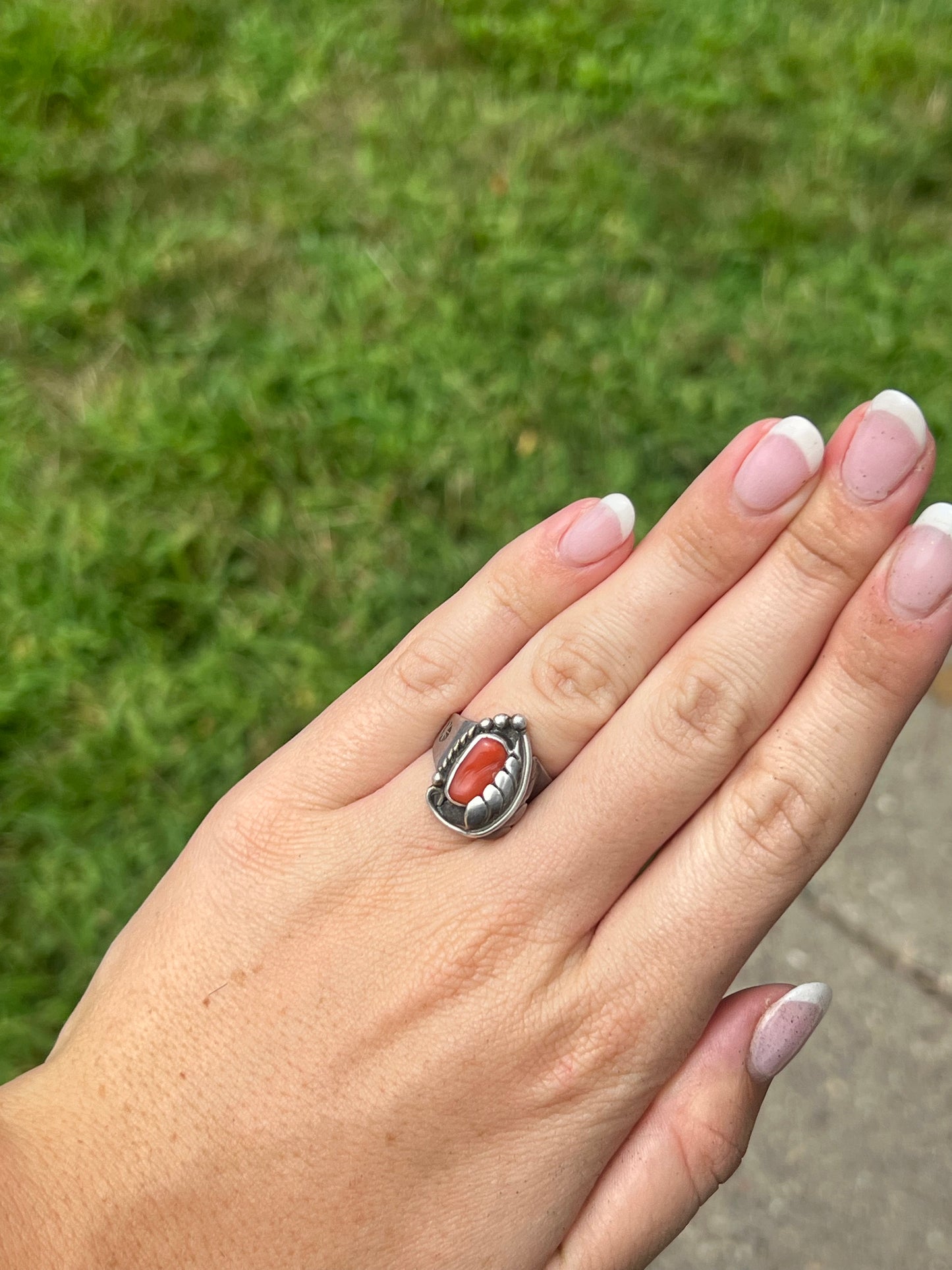 Signed Orange Coral Stone with Feather Ring