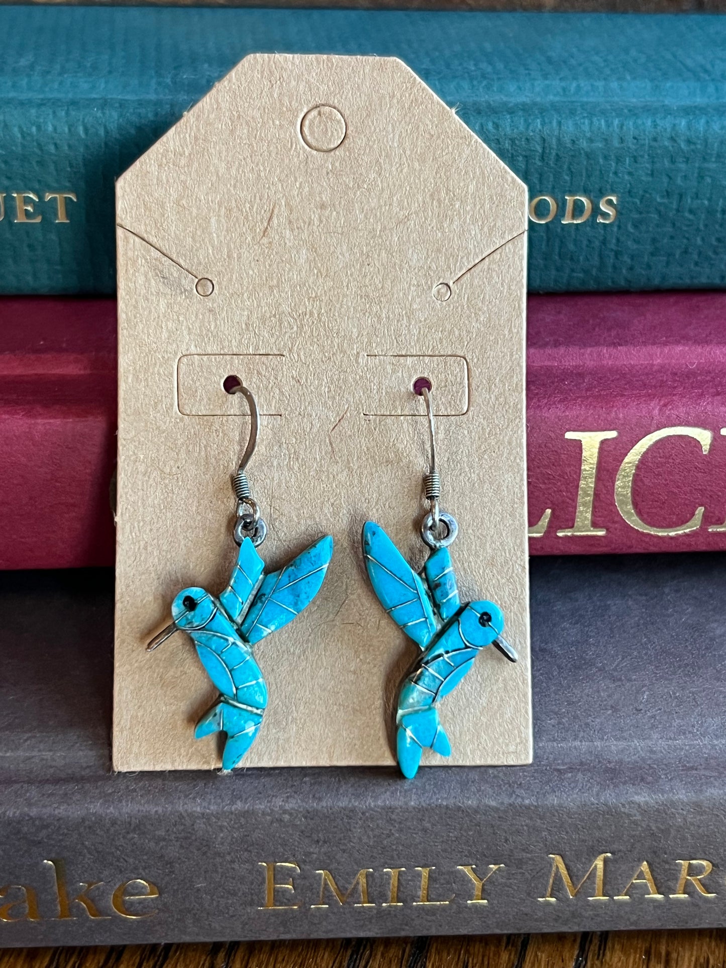 Vintage “DL” Turquoise Zuni Inlay Hummingbird Drop Earrings