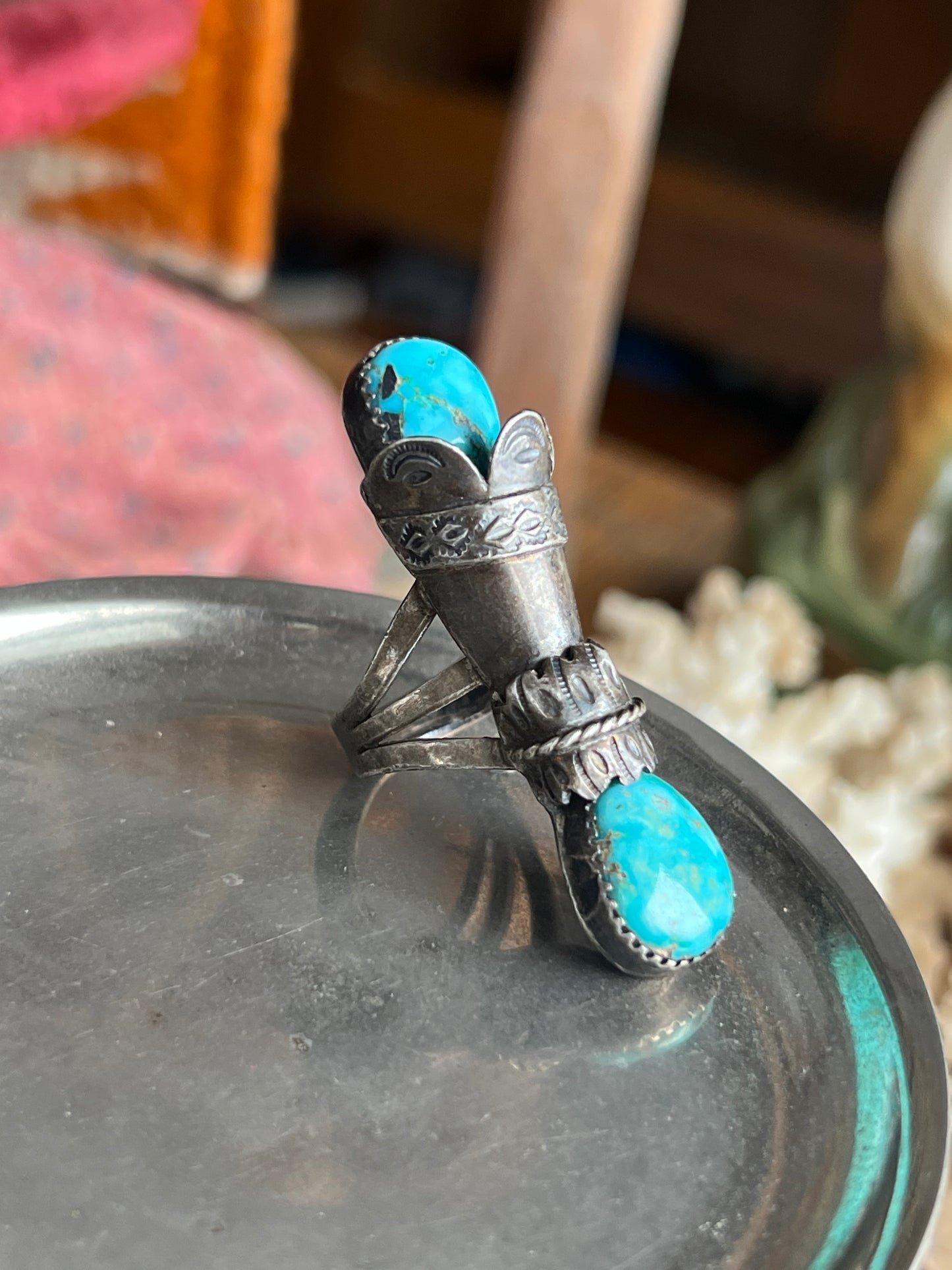 Double Turquoise Stone Unique Ring