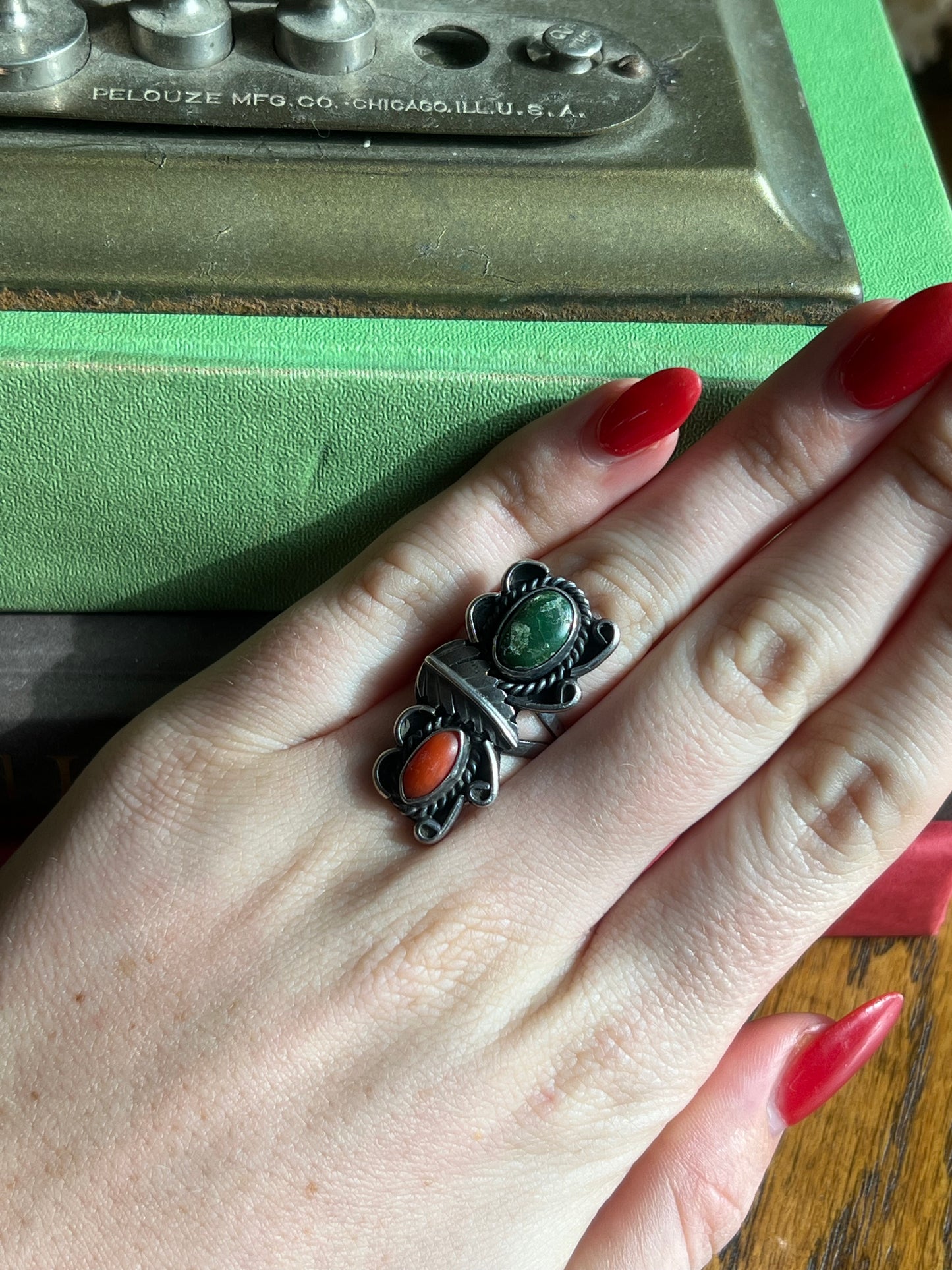 Signed “HT” Emerald & Coral Double Stone Ring