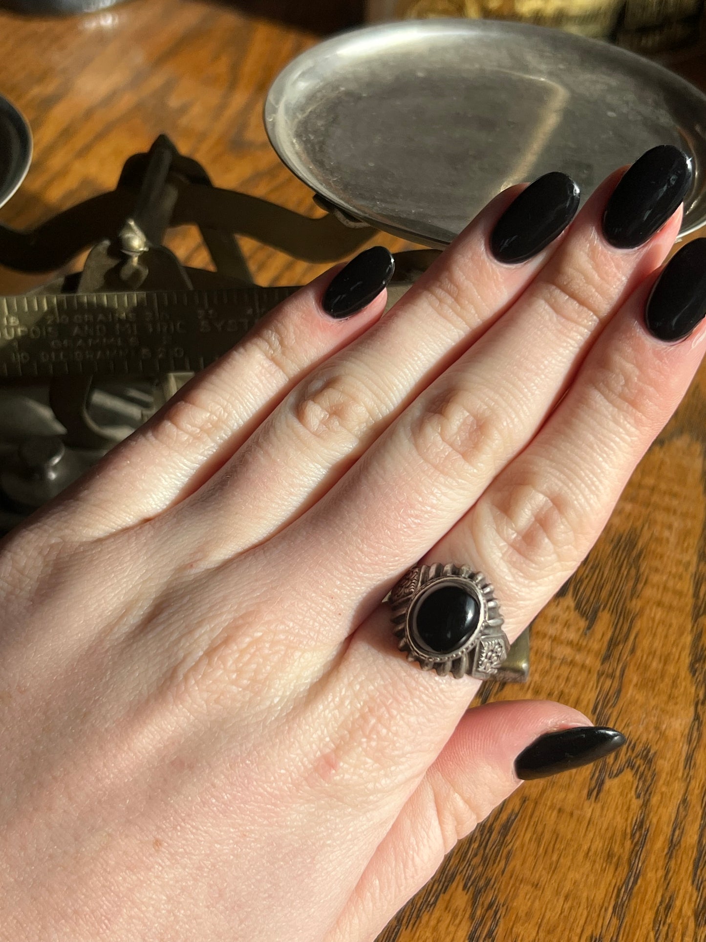 Black Onyx Ring with Flower Detailed Band