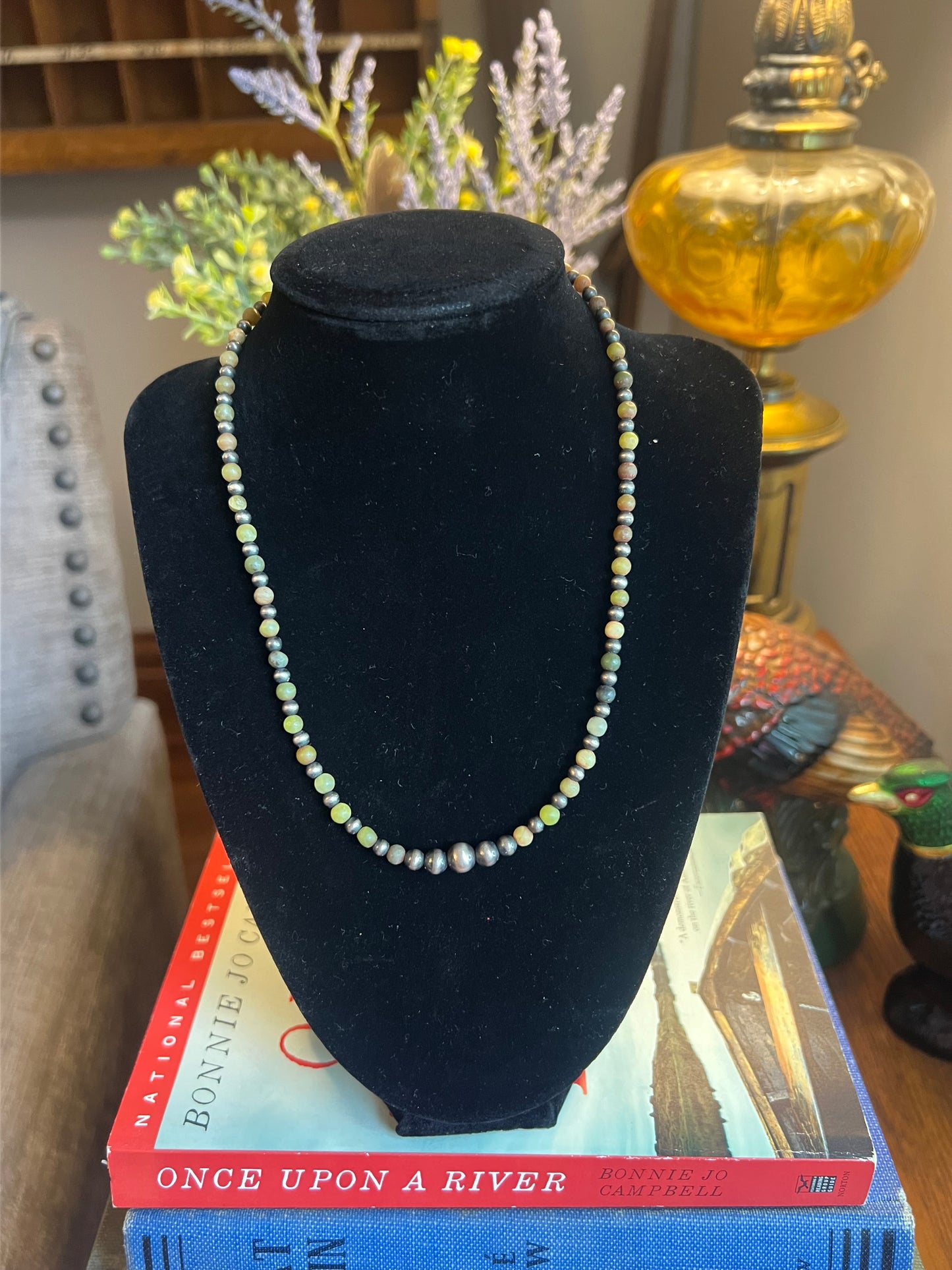 Variated Navajo Pearls and Green Stone Necklace
