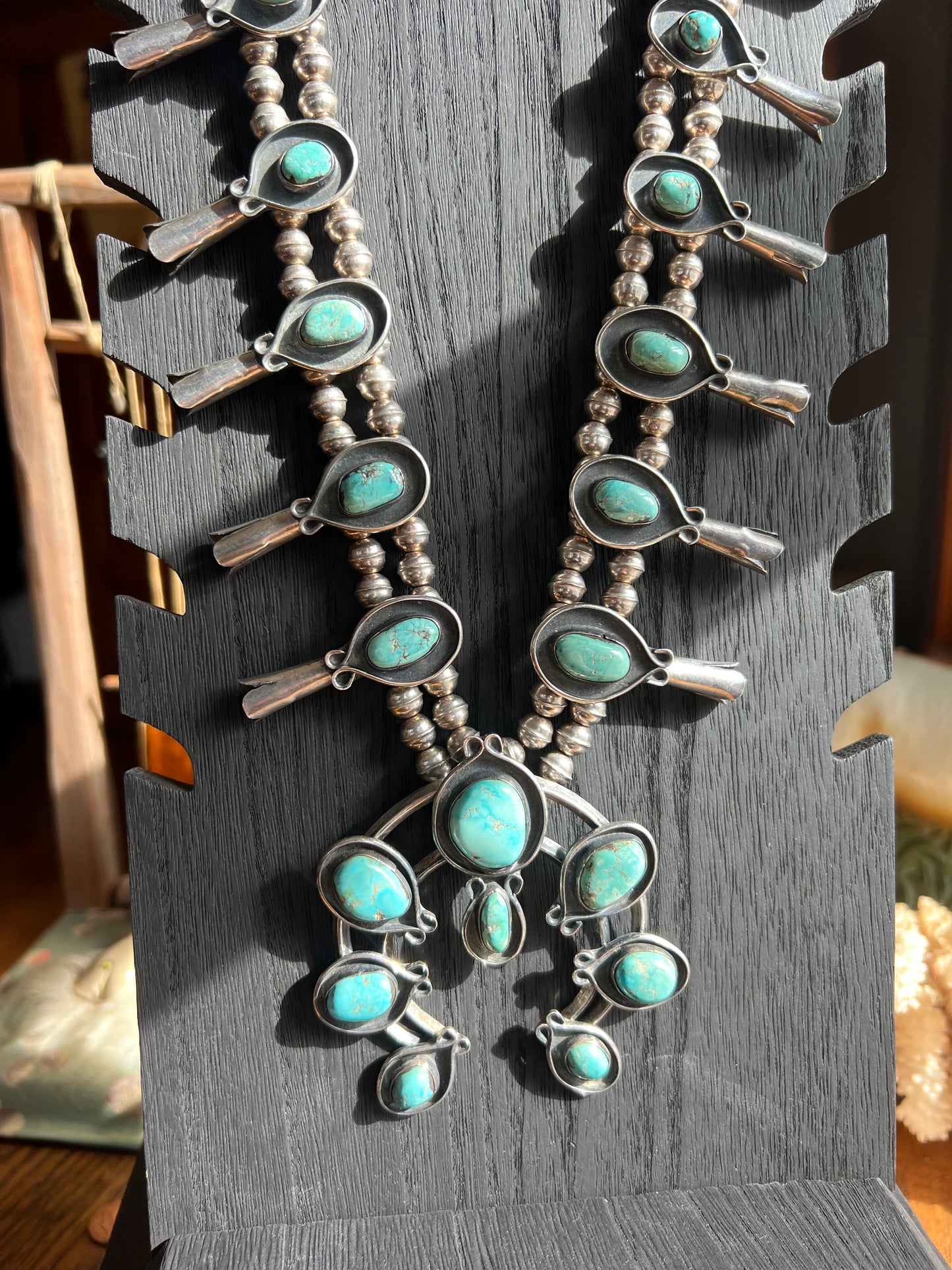Broken Arrow Turquoise 20-Stone Double Strand Squash Blossom