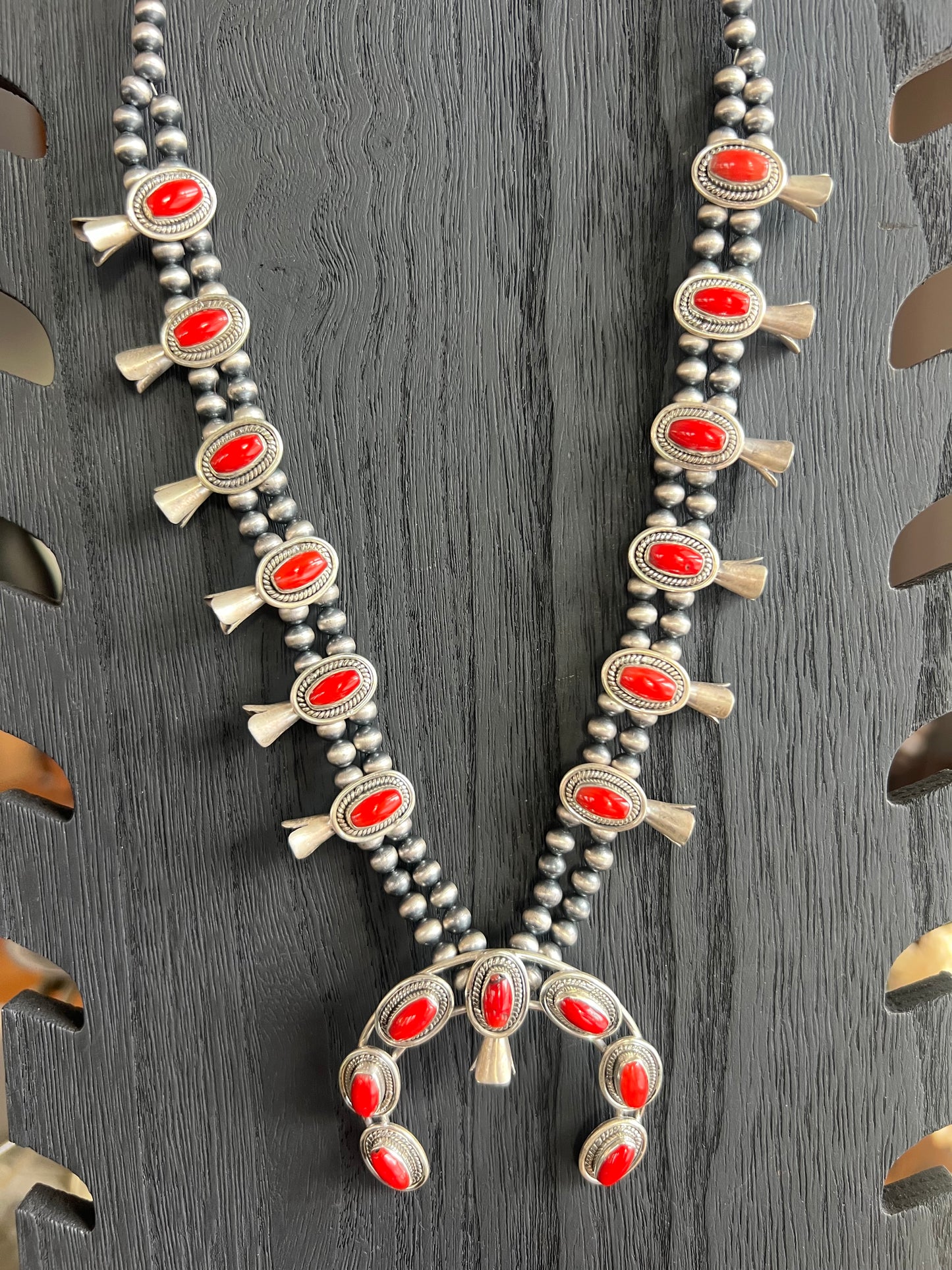 Coral & Sterling Silver Squash Blossom Necklace