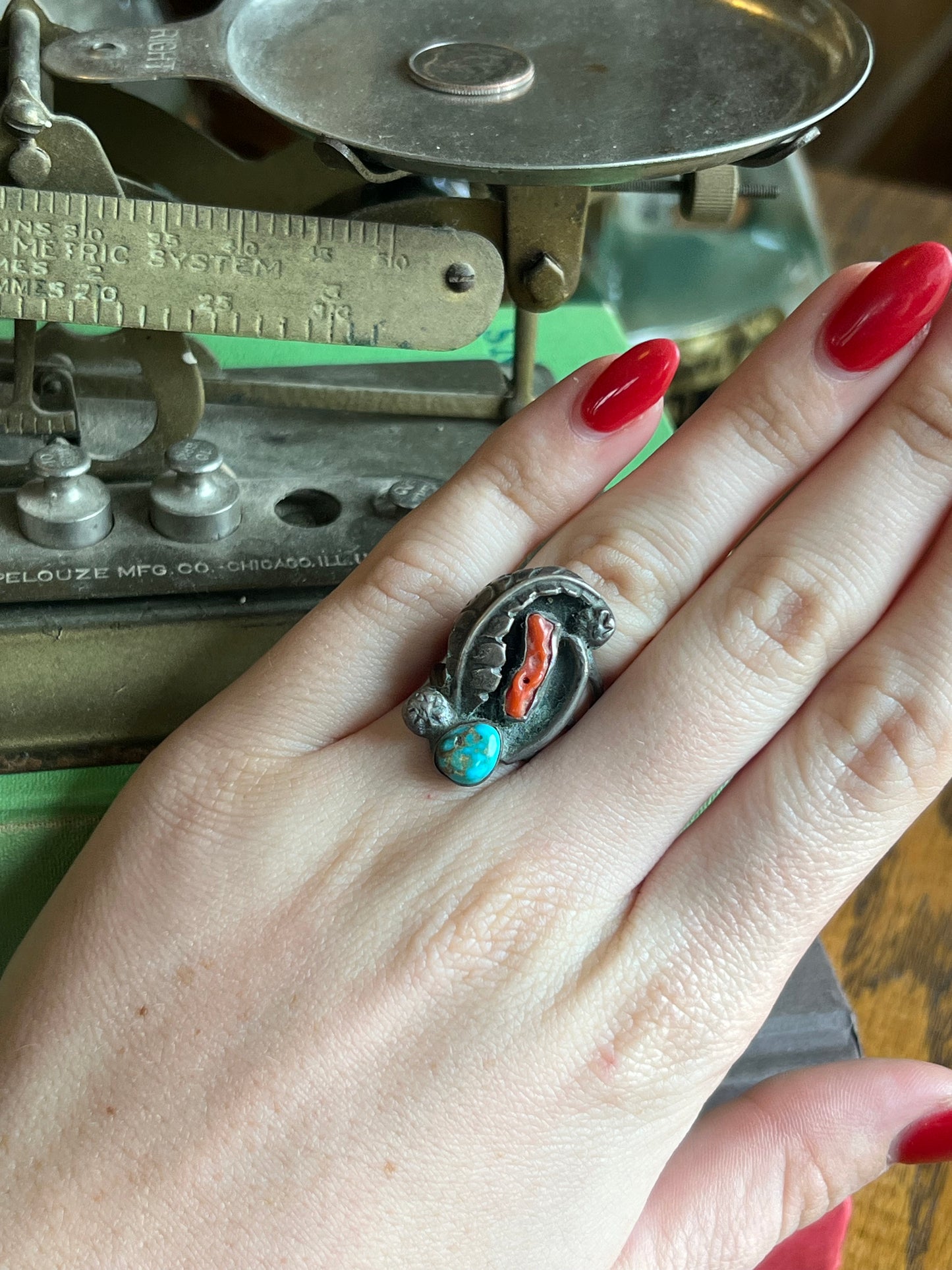 Old Pawn Turquoise & Coral Double Stone Ring with 3 Wide Band