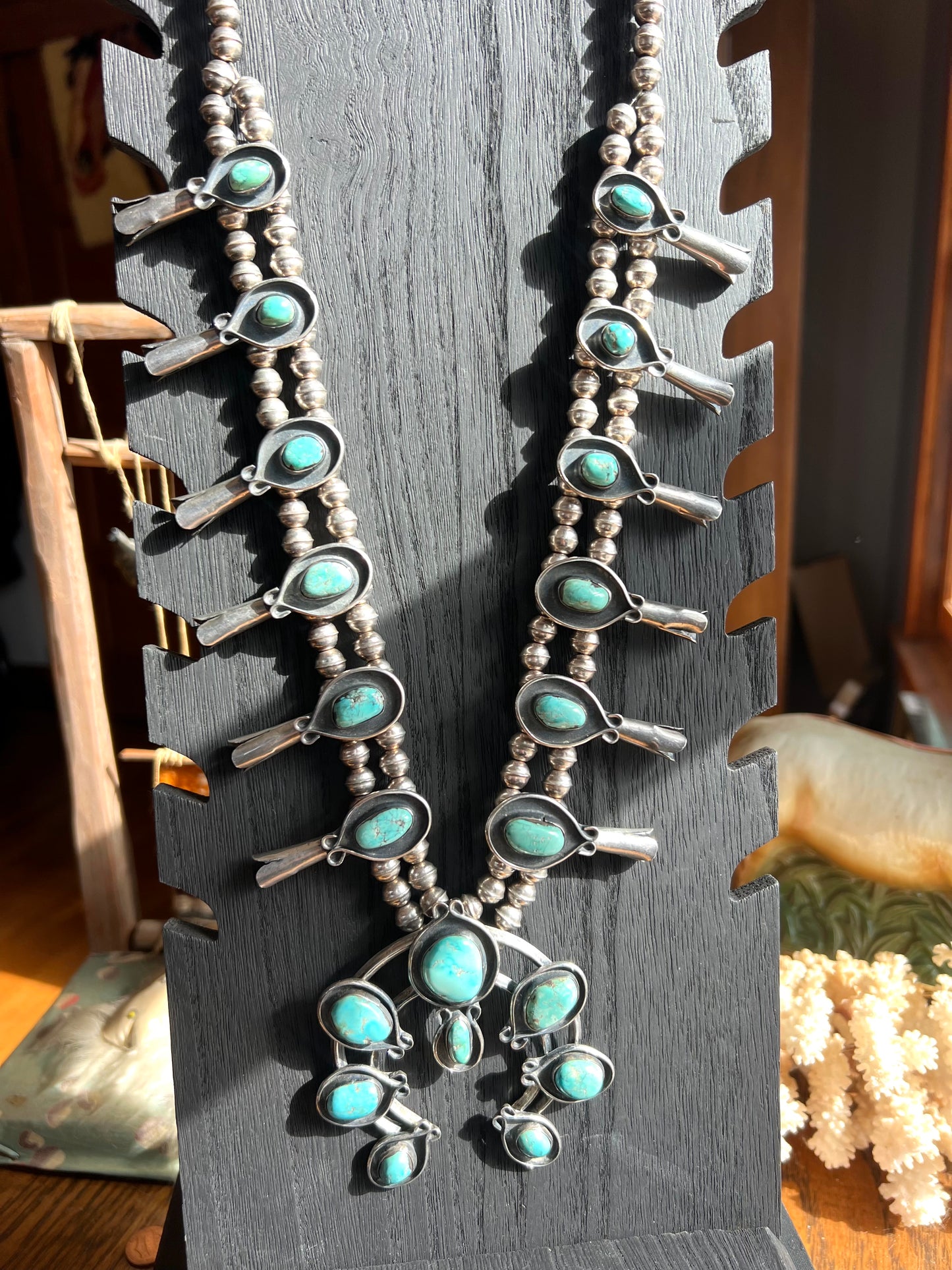Broken Arrow Turquoise 20-Stone Double Strand Squash Blossom