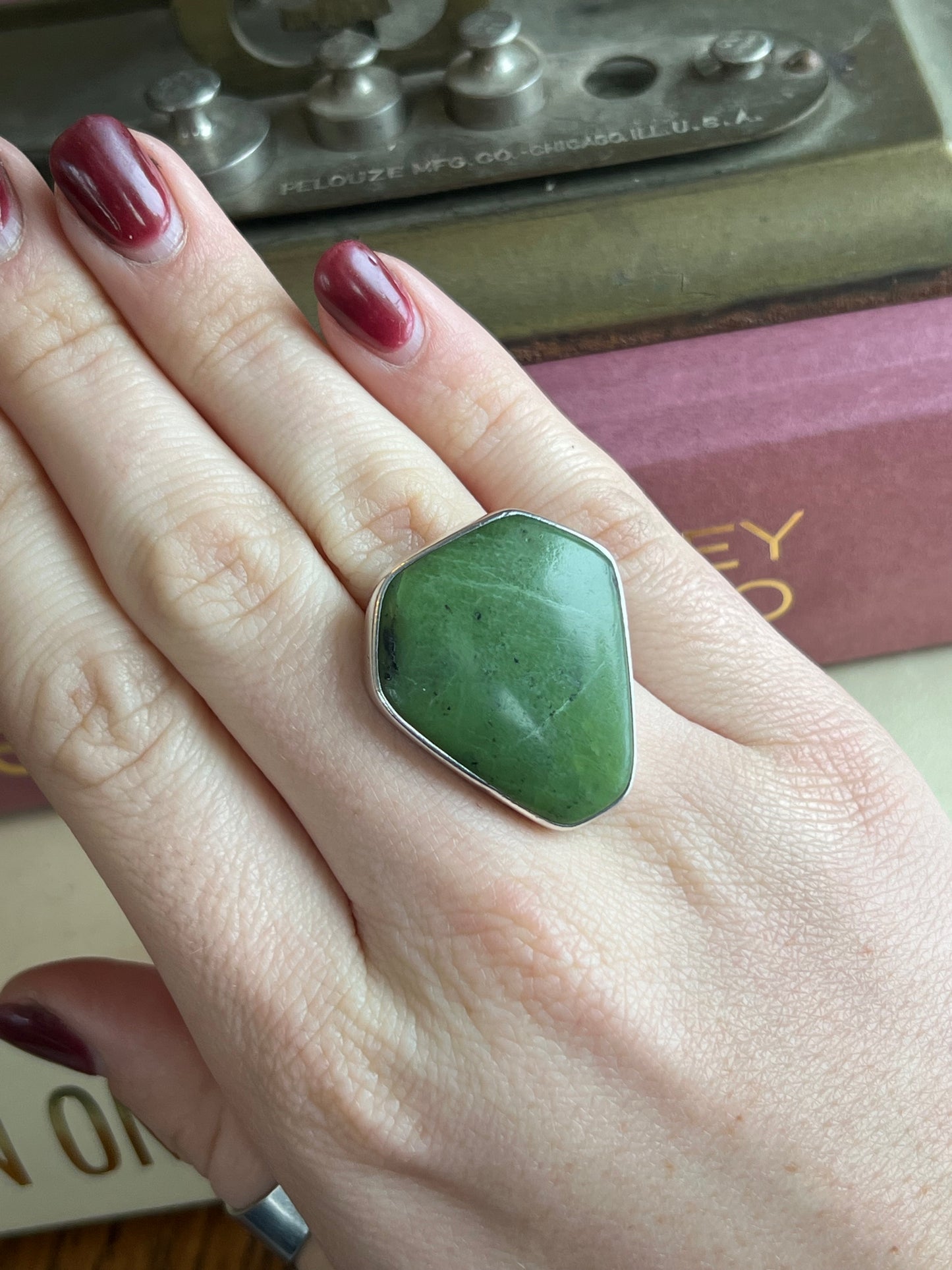 Large Green Stone & Highest Grade .950 Sterling Silver Ring