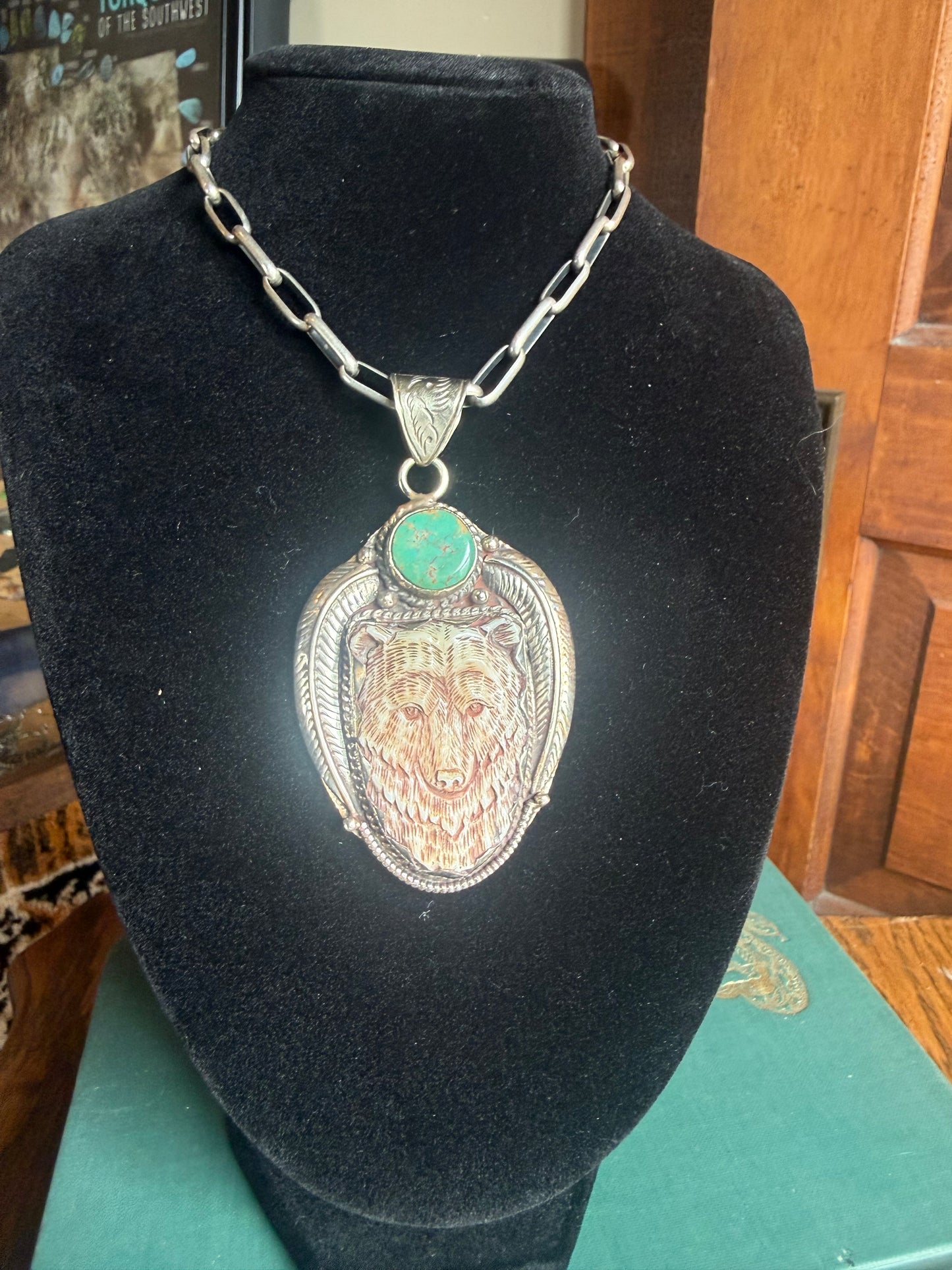 Green Turquoise Stone & Wood Carved Bear Pendant