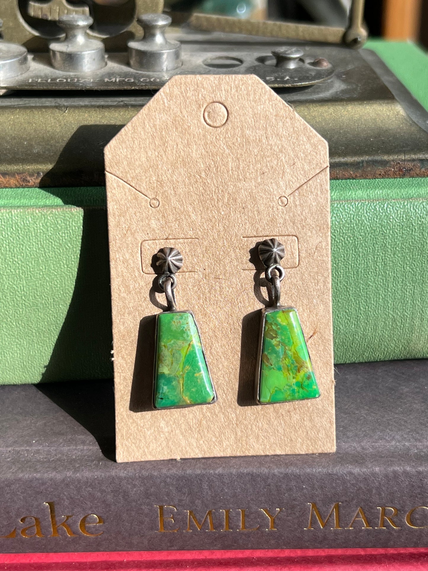 Handmade Sterling Silver & Green Mojave Stone Drop Earrings