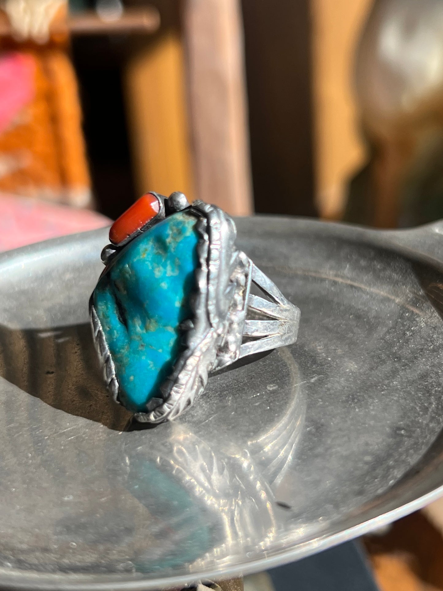 Turquoise & Coral Double Stone Ring