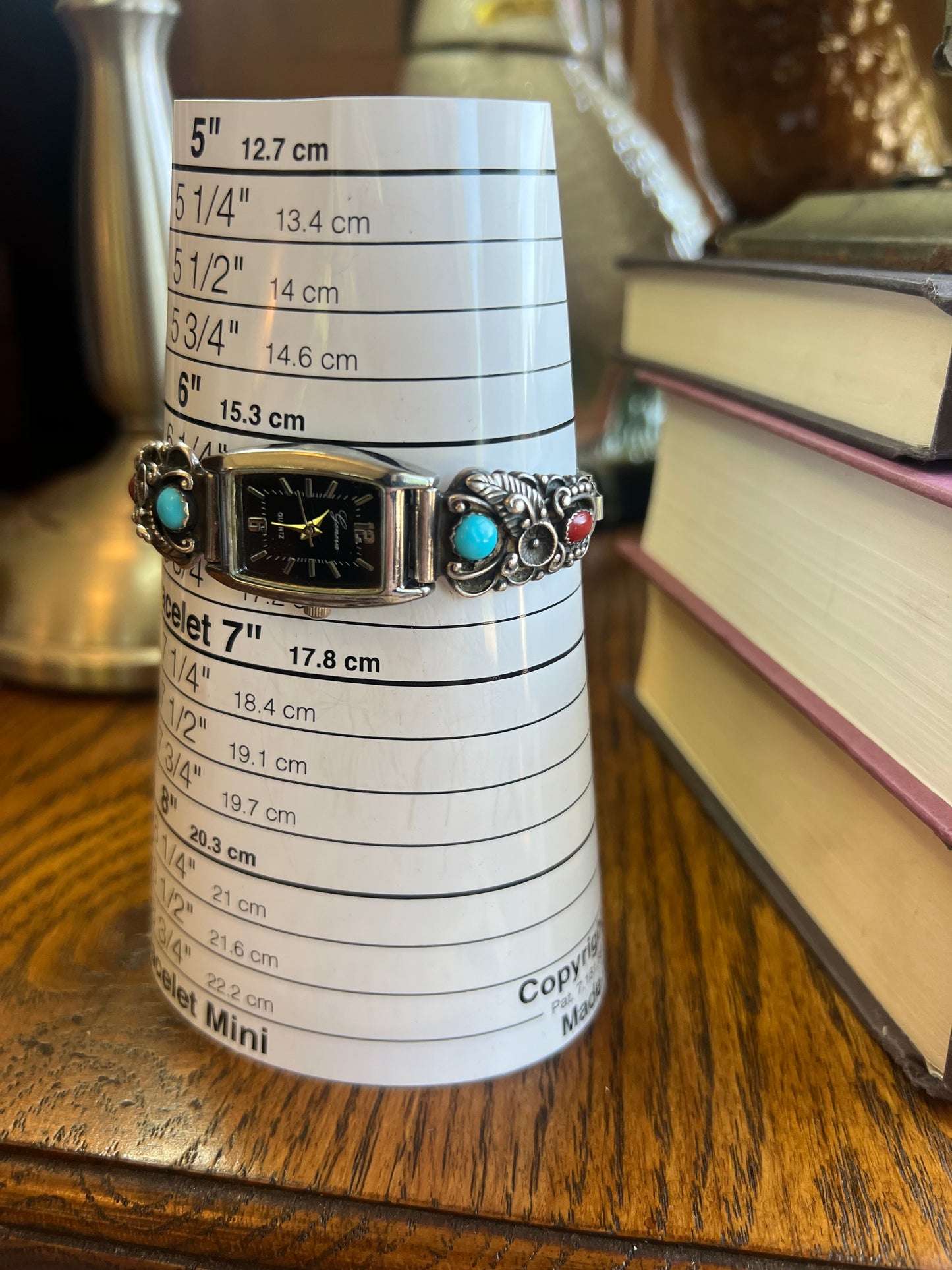 Vintage Sterling Silver Geneva Watch with Turquoise & Coral Stones