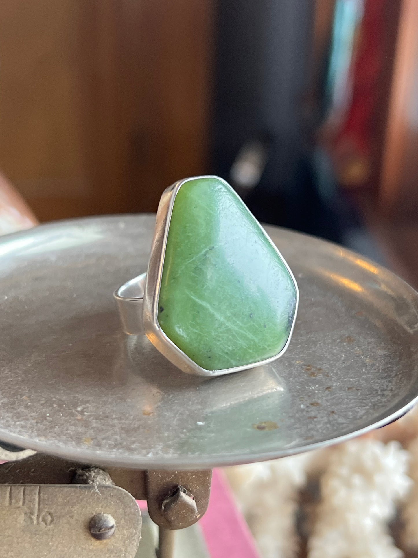 Large Green Stone & Highest Grade .950 Sterling Silver Ring
