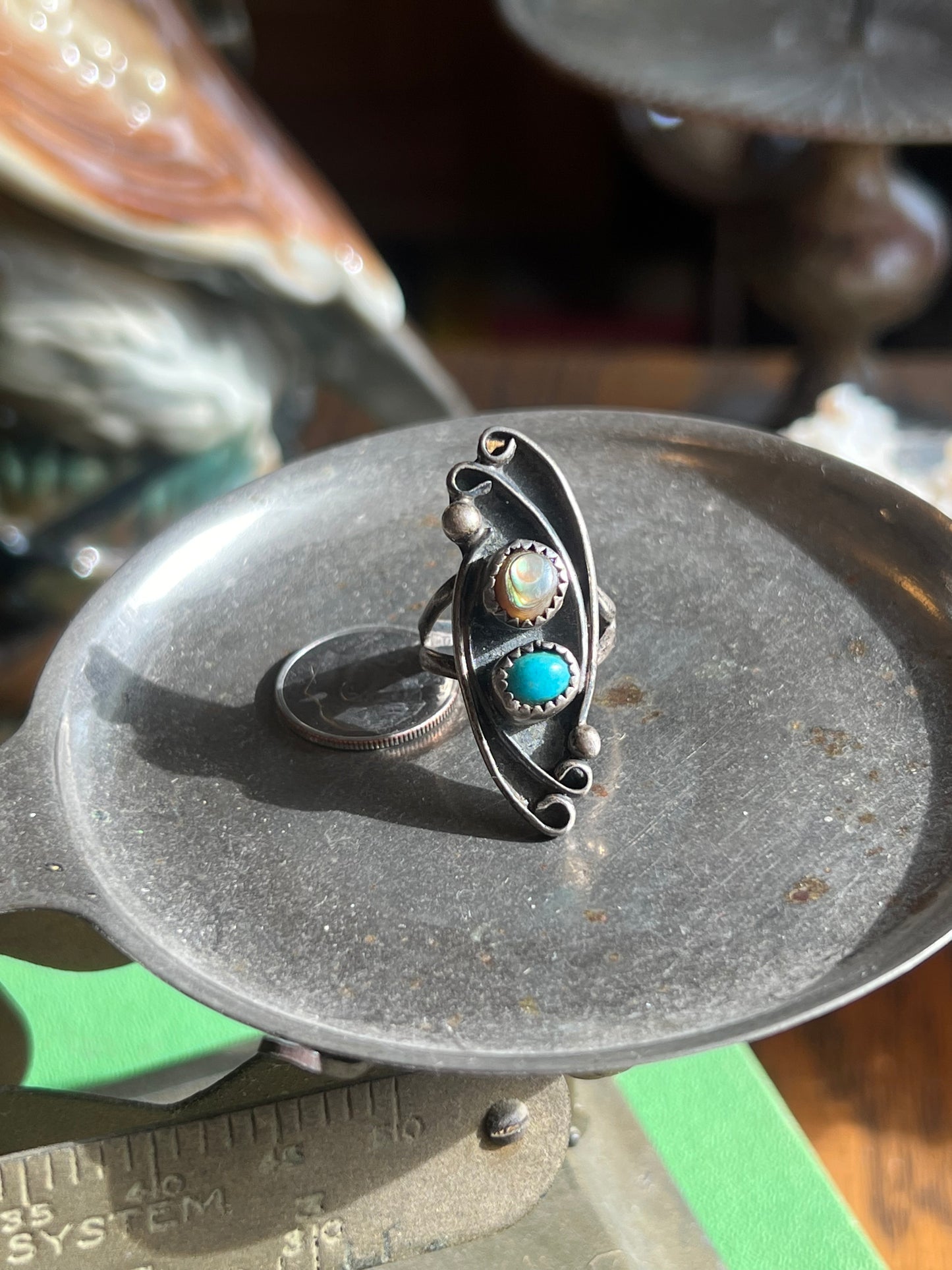 Signed Turquoise & Opal Double Stone Ring