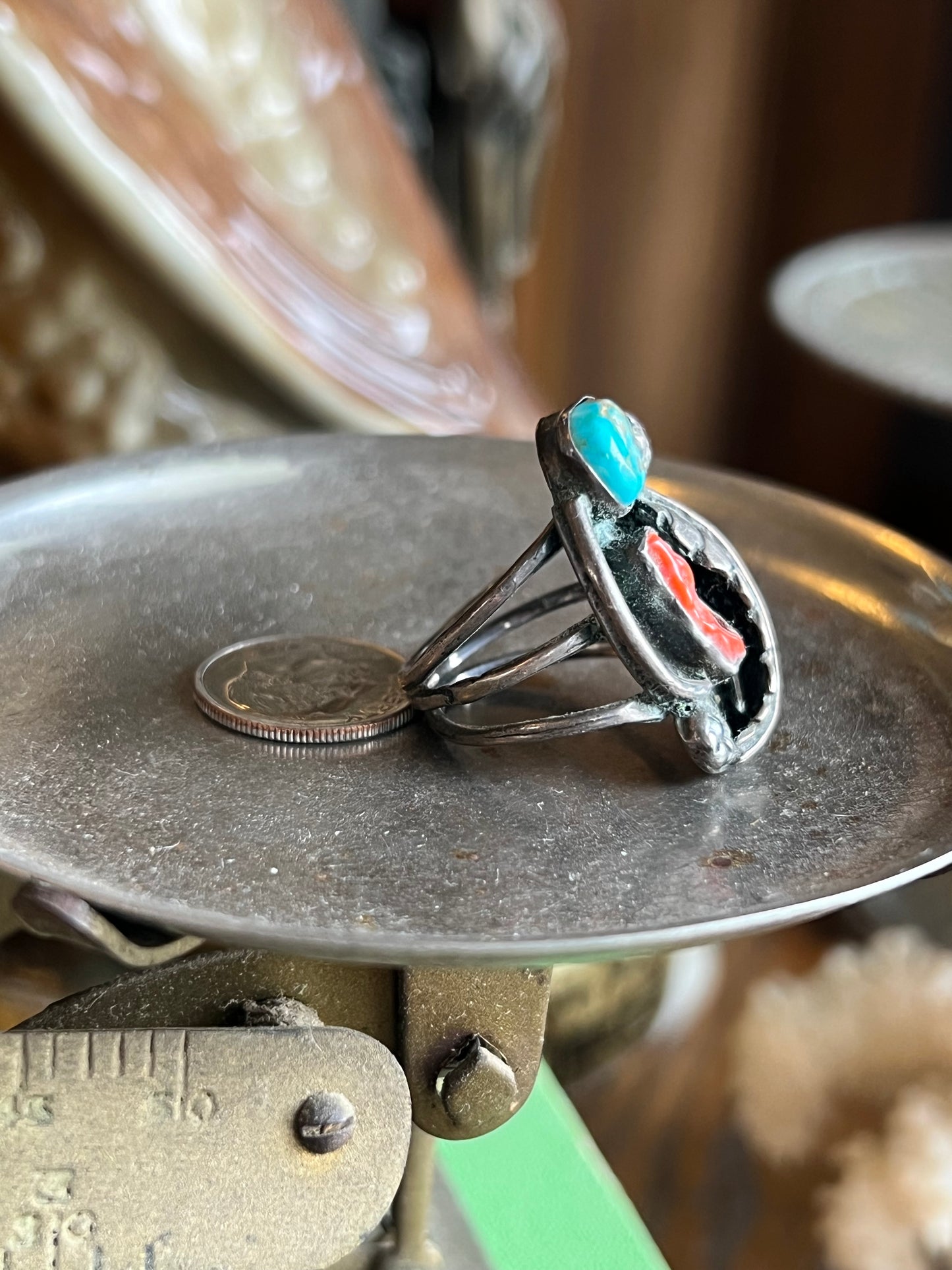Old Pawn Turquoise & Coral Double Stone Ring with 3 Wide Band