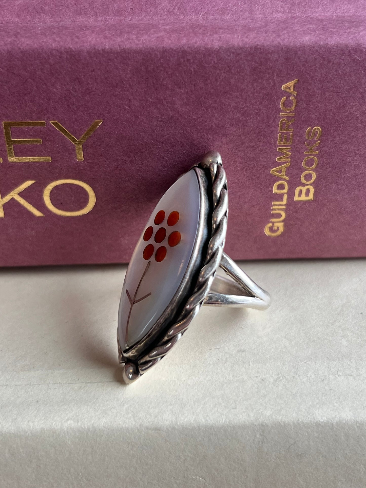 Mother of Pearl Zuni Coral Flower Ring