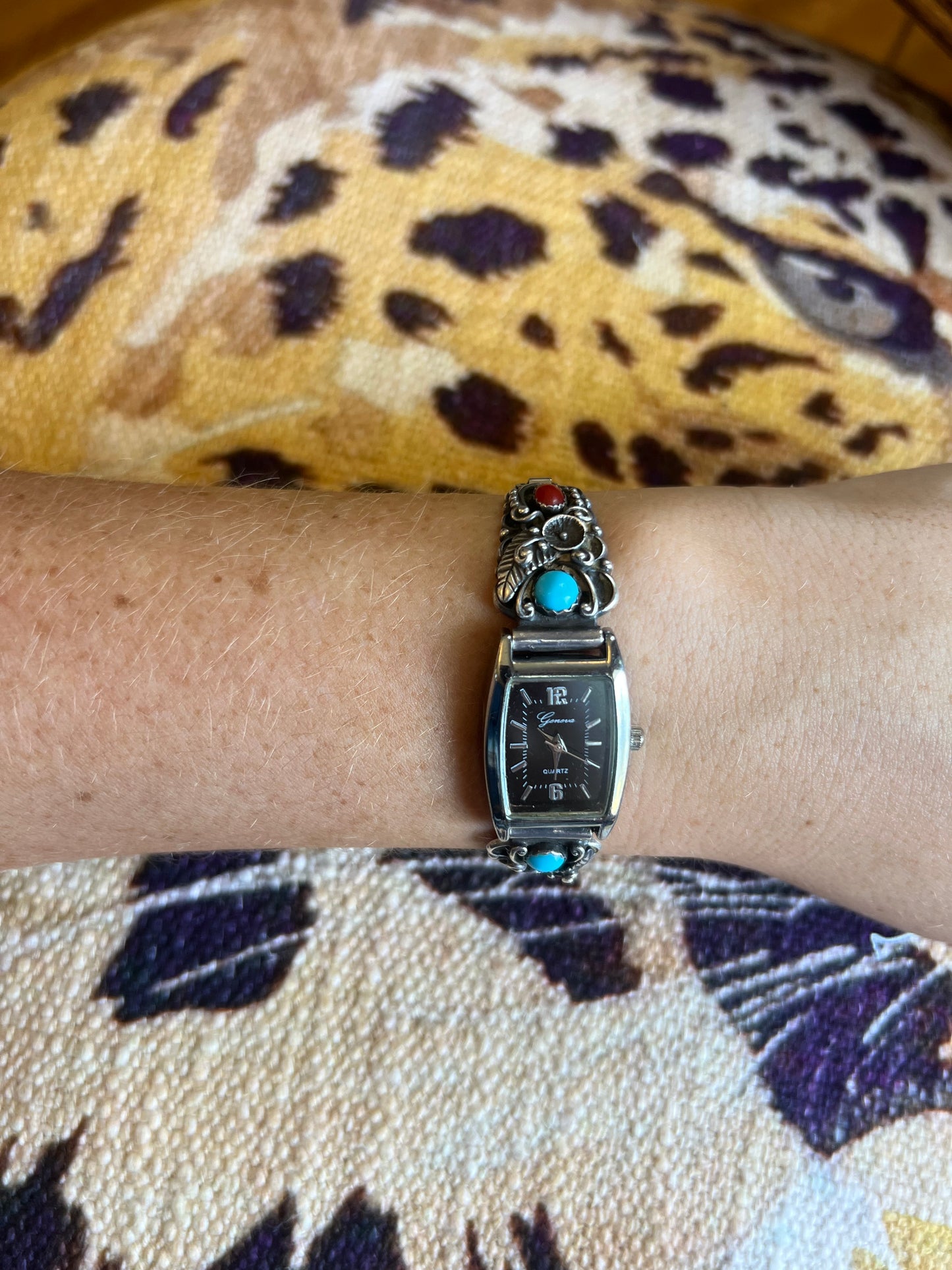 Vintage Sterling Silver Geneva Watch with Turquoise & Coral Stones