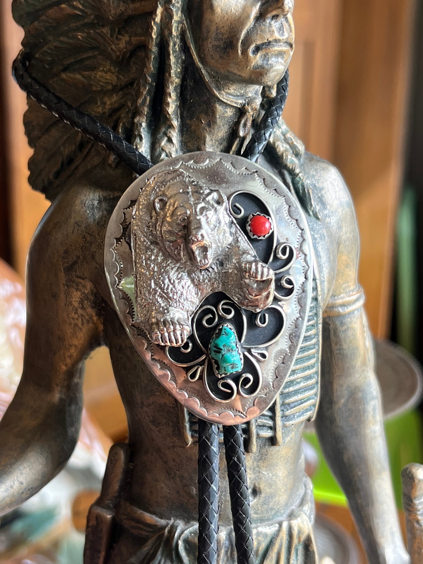 Vintage Kingman Turquoise & Coral 2-Stone with Bear Bolo Tie