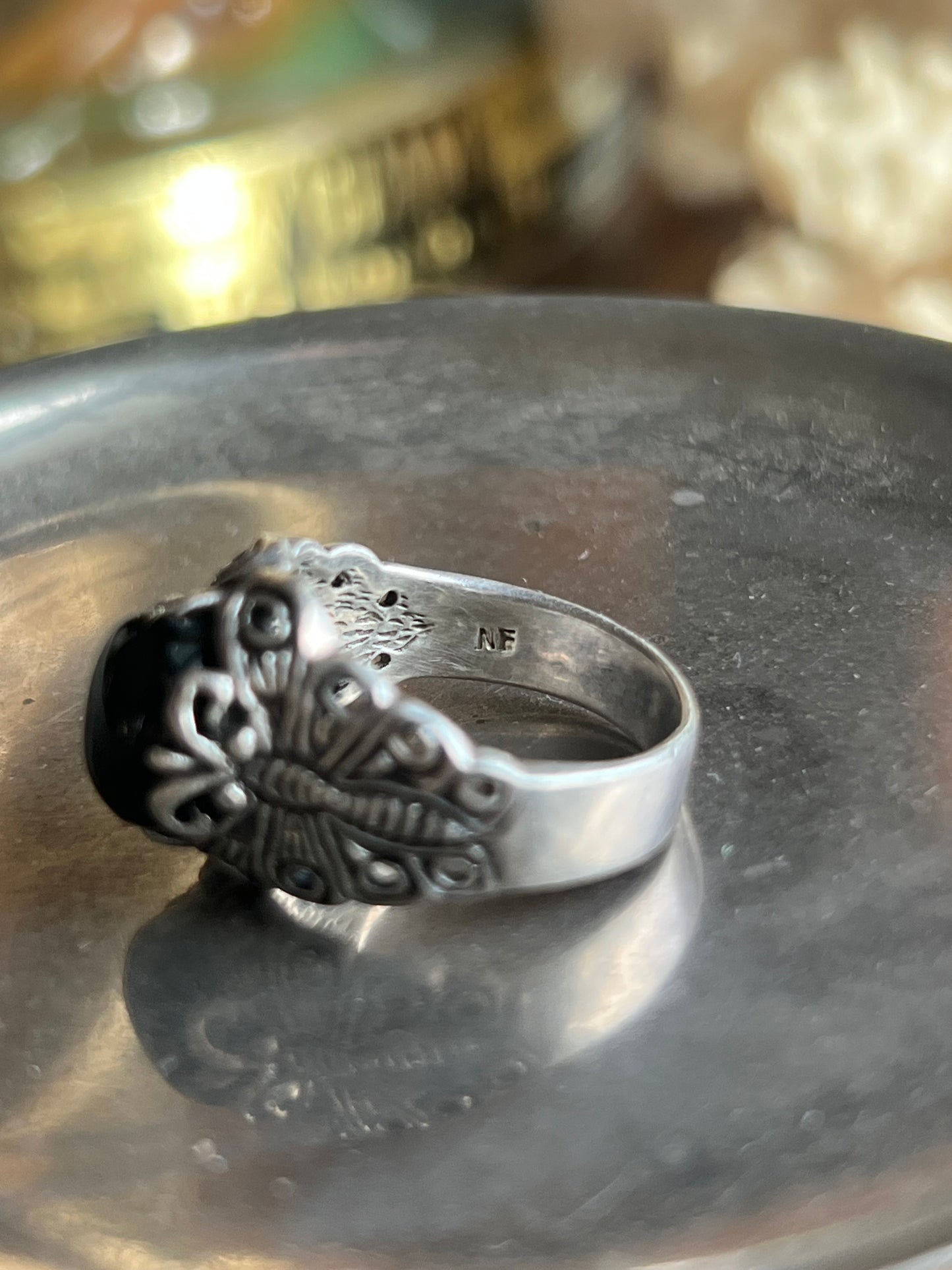 Signed “NF” Black Onyx & Sterling Silver Ring