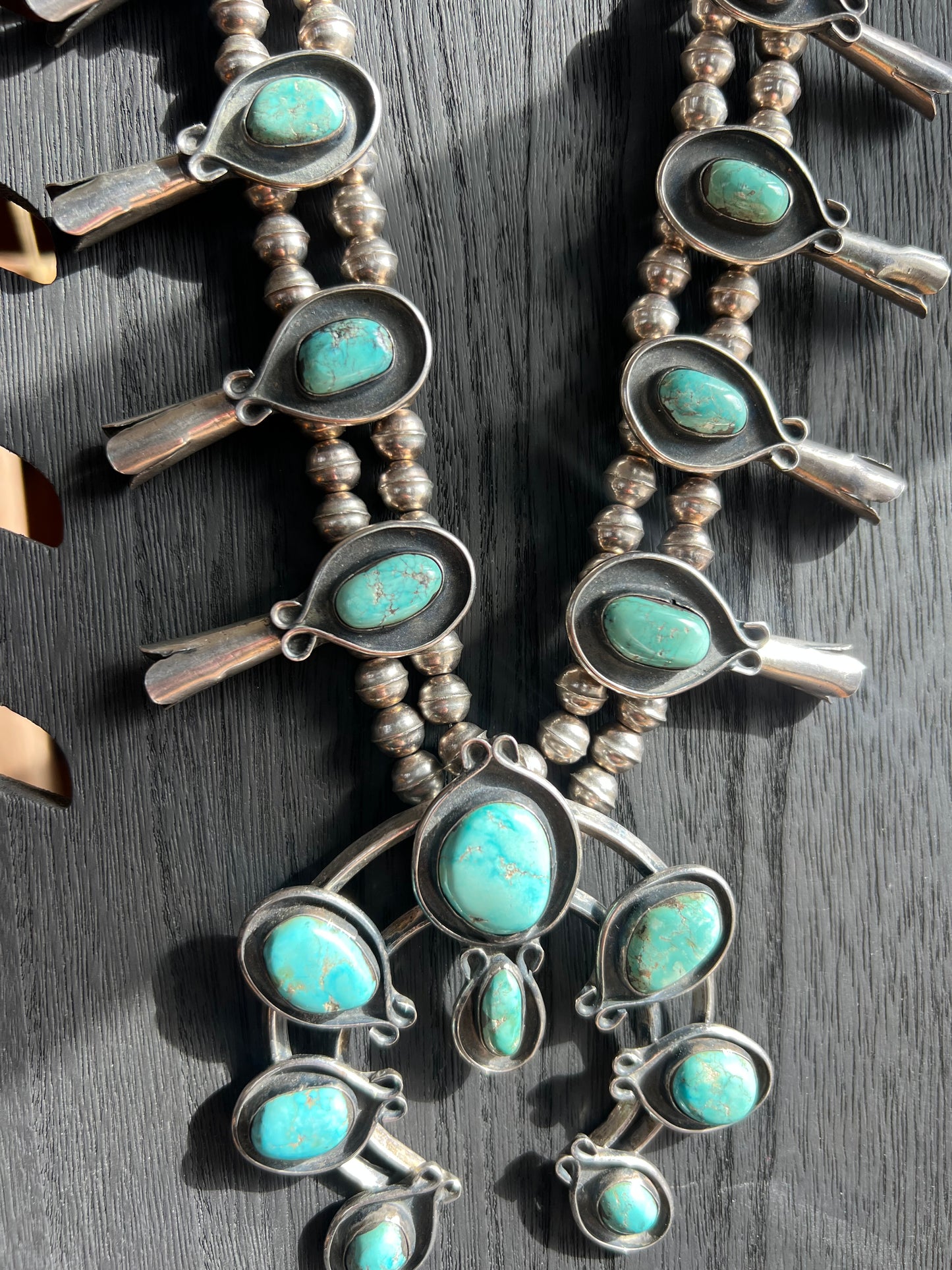Broken Arrow Turquoise 20-Stone Double Strand Squash Blossom
