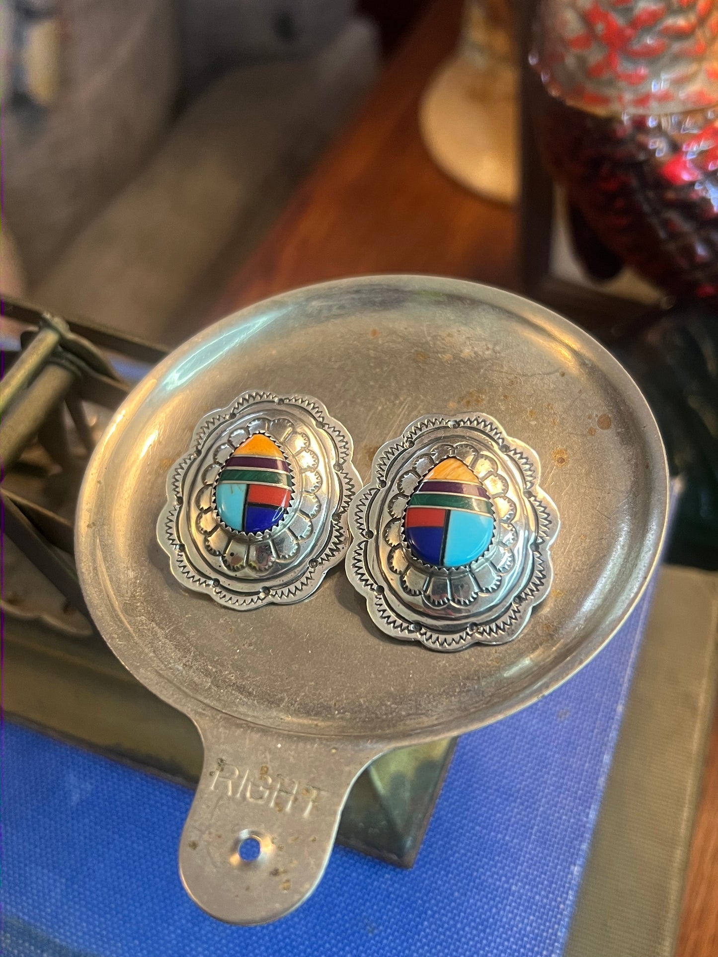 Large Multi-Colored Inlay Conch Post Earrings