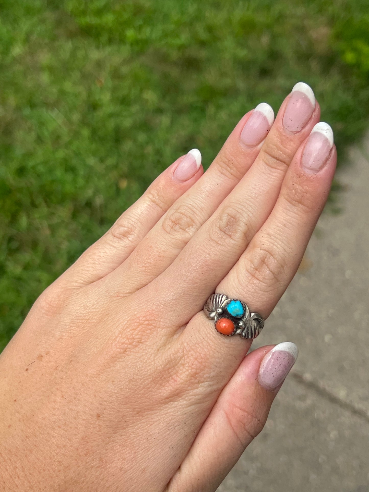 Cripple Creek Turquoise & Orange Coral 2-Stone Ring