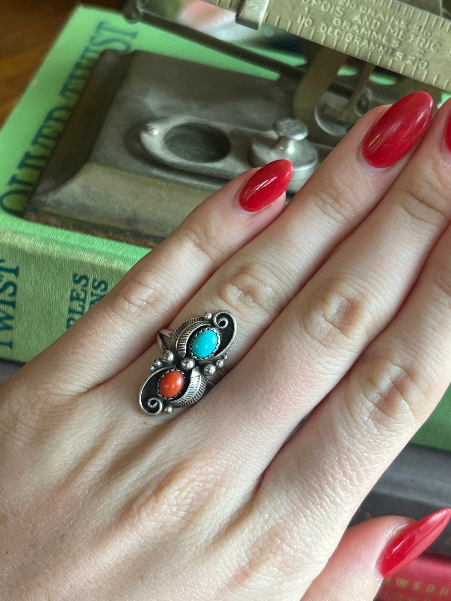 Turquoise & Coral Double Stone Ring