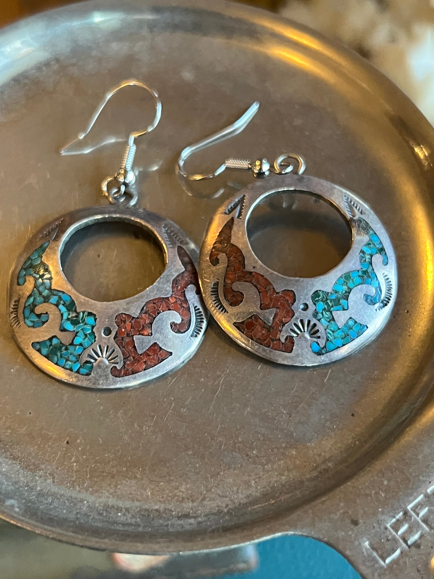 “B” Turquoise & Coral Crushed Inlay Drop Hoops