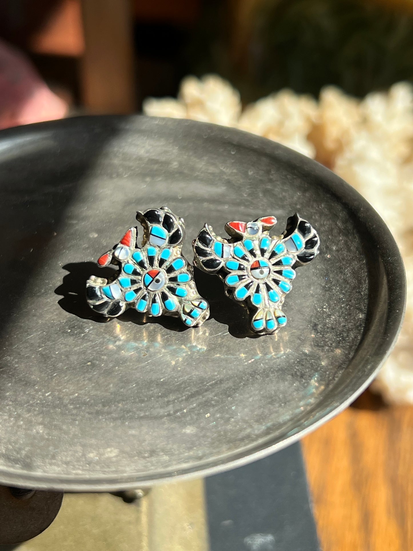 “MW” Sterling Silver MOP/Onyx/Turquoise/Coral Zuni Inlaid Thunderbird Earrings