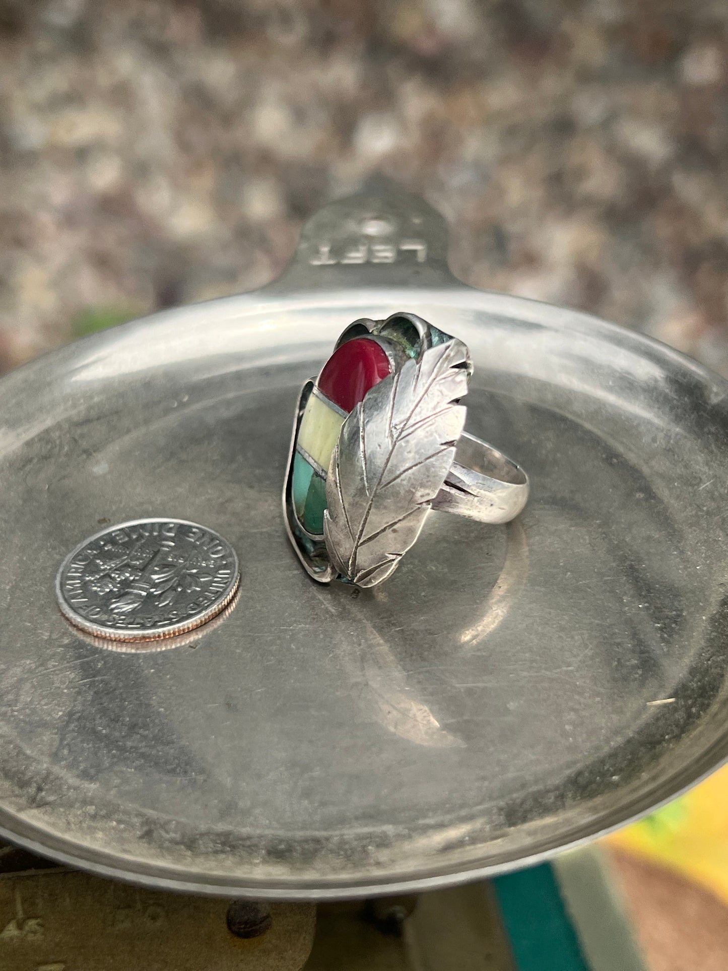 Blue, Green, Ivory, Deep Red Inlay with Feather Design Ring