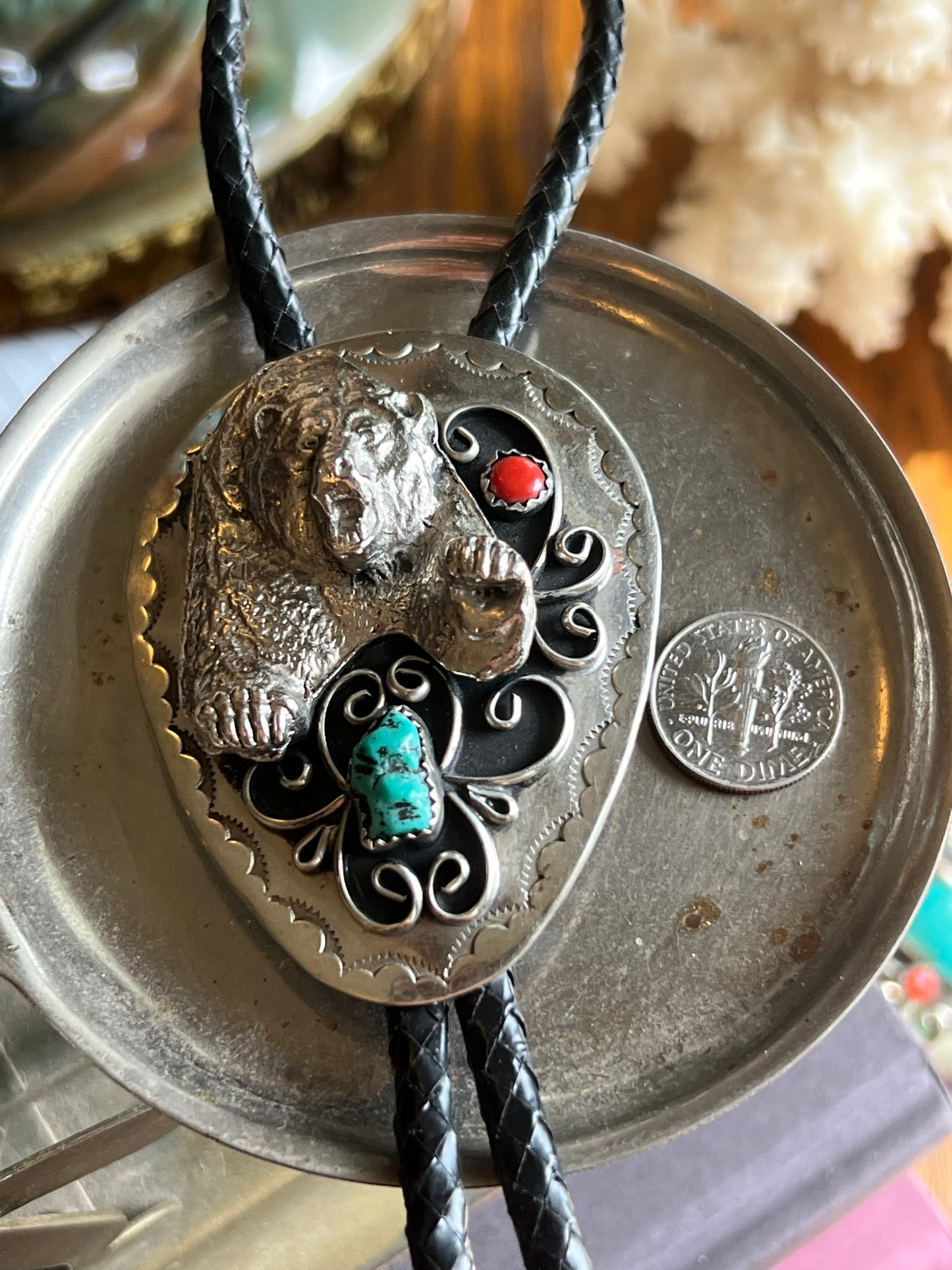 Vintage Kingman Turquoise & Coral 2-Stone with Bear Bolo Tie