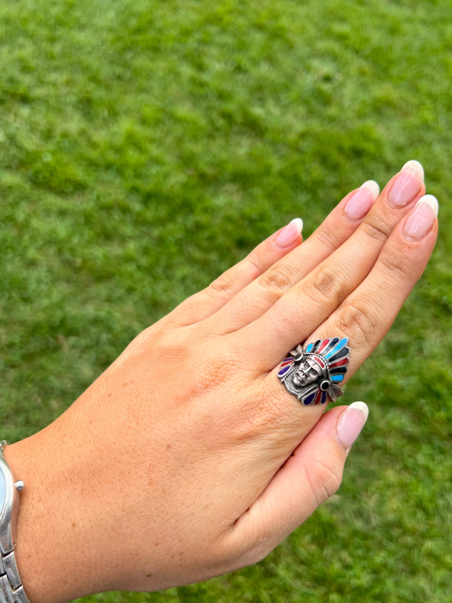 Sterling Silver & Multi Color Inlay Indian Chief Ring