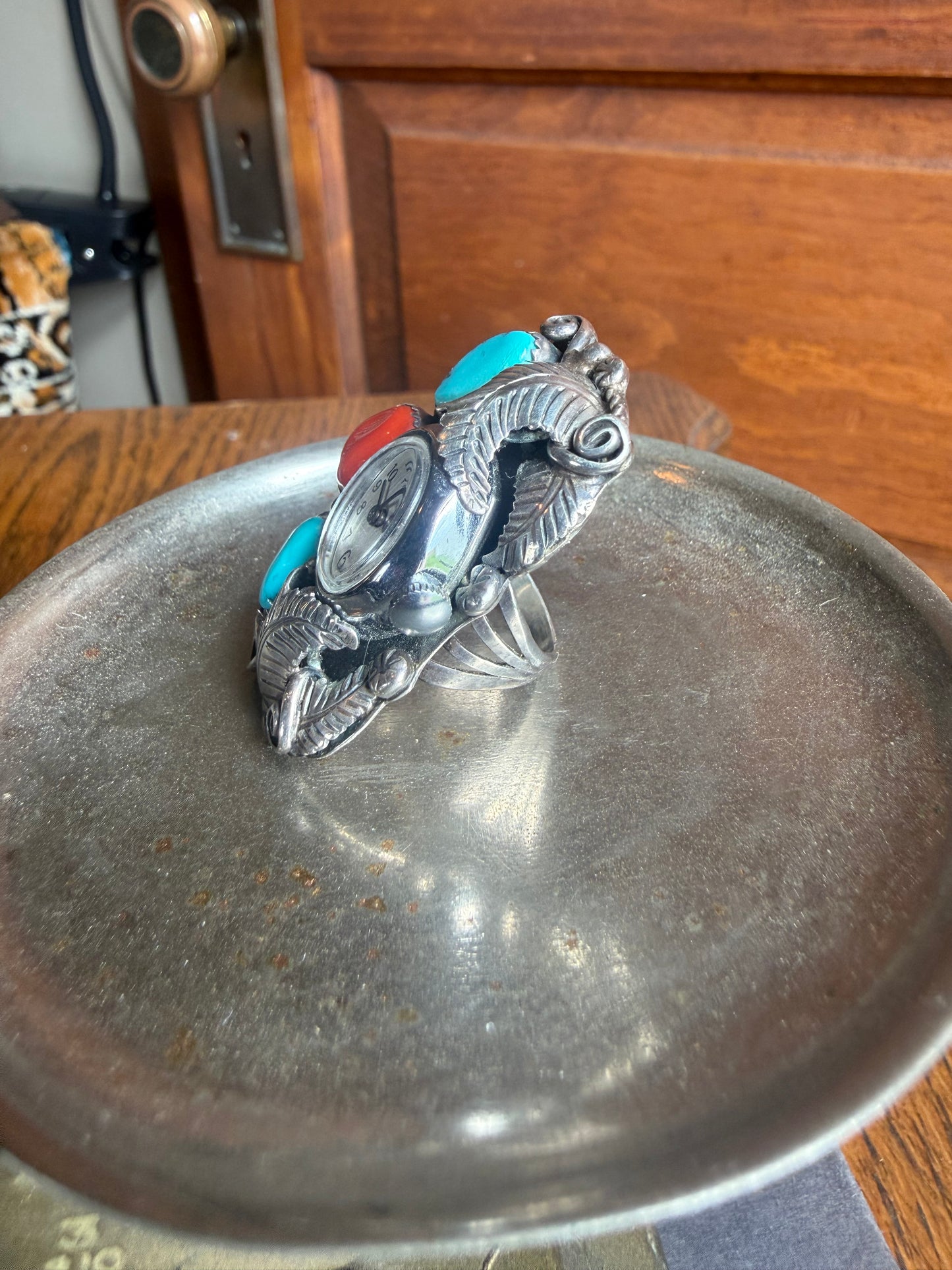 Rob Kelly Turquoise and Coral Stone Clock Ring