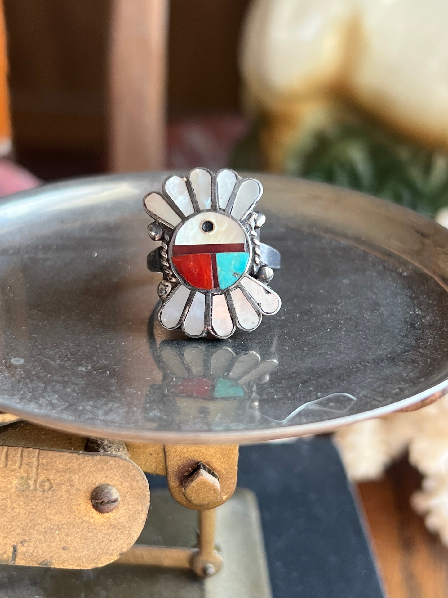 MOP/Turquoise/Coral Inlay Zuni Headdress Ring