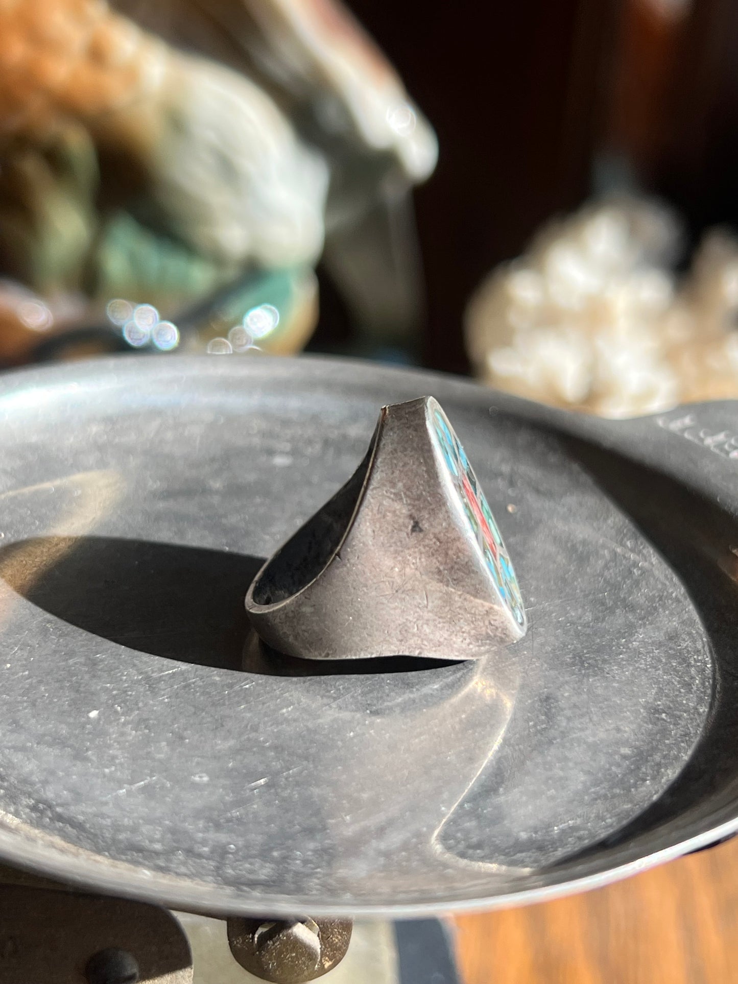 Turquoise & Coral Crushed Inlay Ring