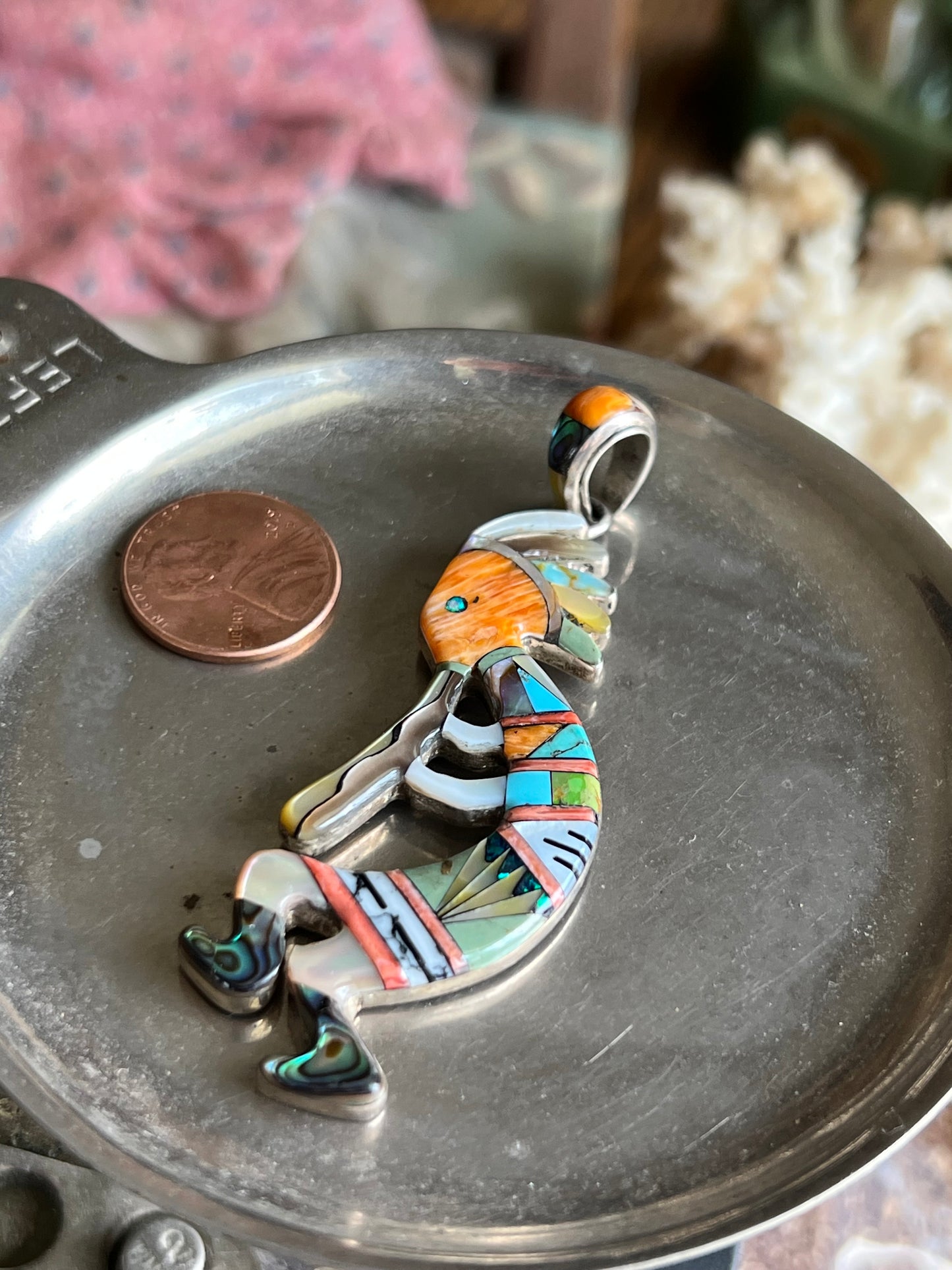 Multi Color Inlay Sterling Silver Kokopelli Pendant