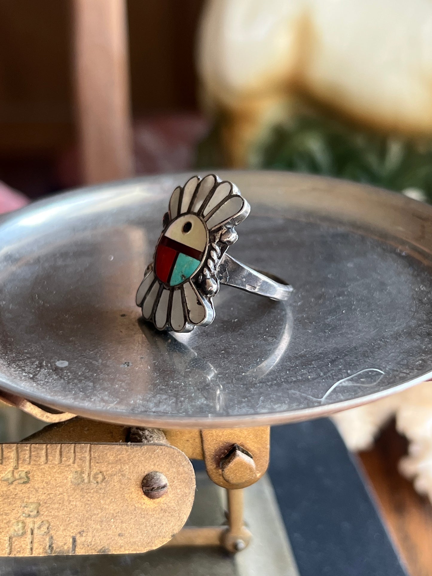 MOP/Turquoise/Coral Inlay Zuni Headdress Ring